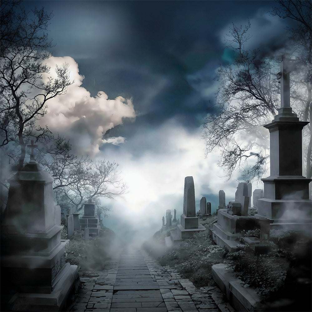 Halloween Graveyard Backdrop Eerie Misty Cemetery Hill Halloween Backdrop MRR8-26