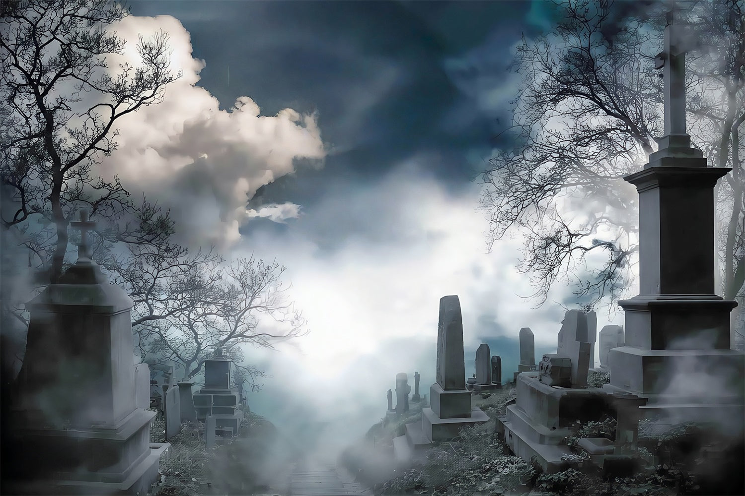 Halloween Graveyard Backdrop Eerie Misty Cemetery Hill Halloween Backdrop MRR8-26
