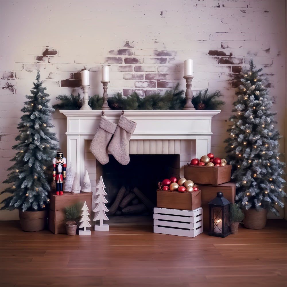 Christmas Backdrop Frosted Pines Fireplace Decor Christmas Photo Backdrop MRR8-261