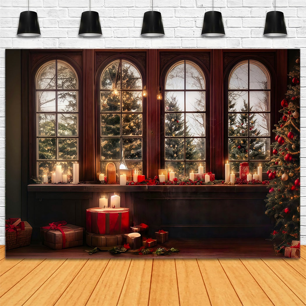 Christmas Photo Backdrop Candle Glow Window Snowy Trees Christmas Backdrops MRR8-262