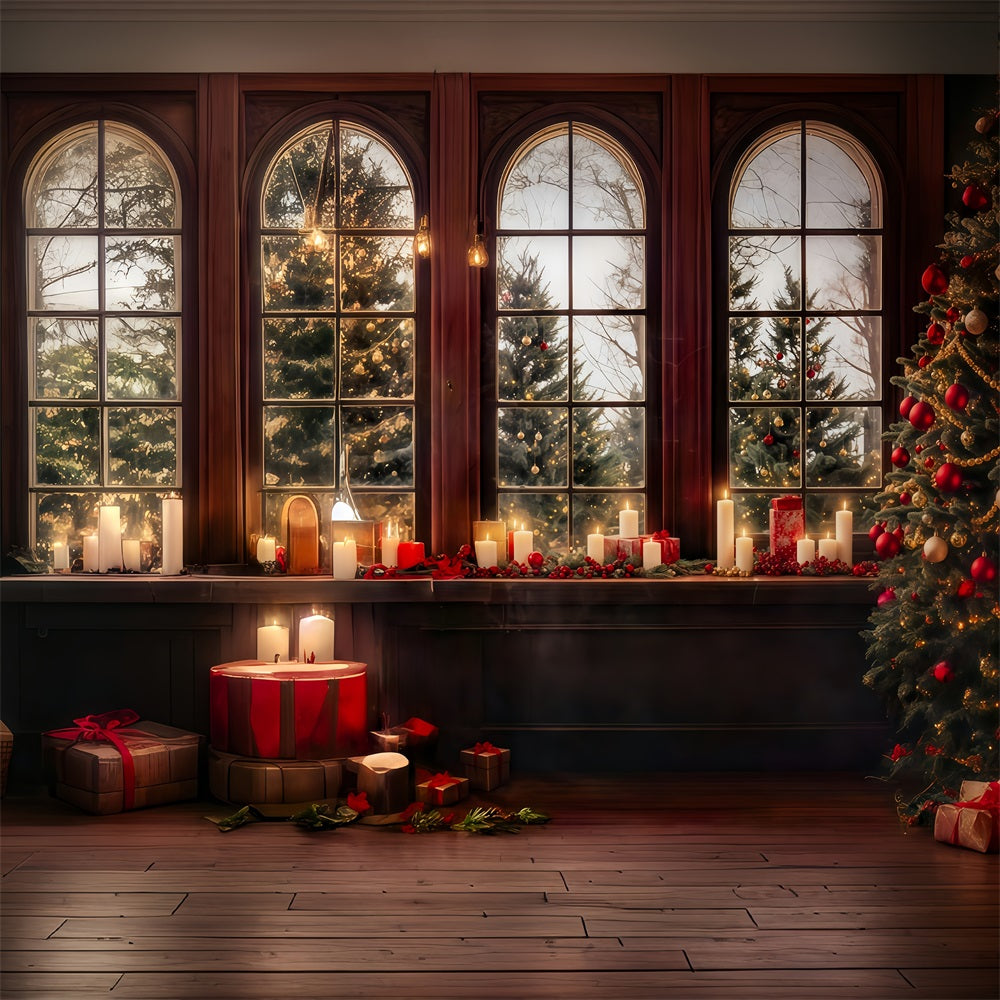 Christmas Photo Backdrop Candle Glow Window Snowy Trees Christmas Backdrops MRR8-262