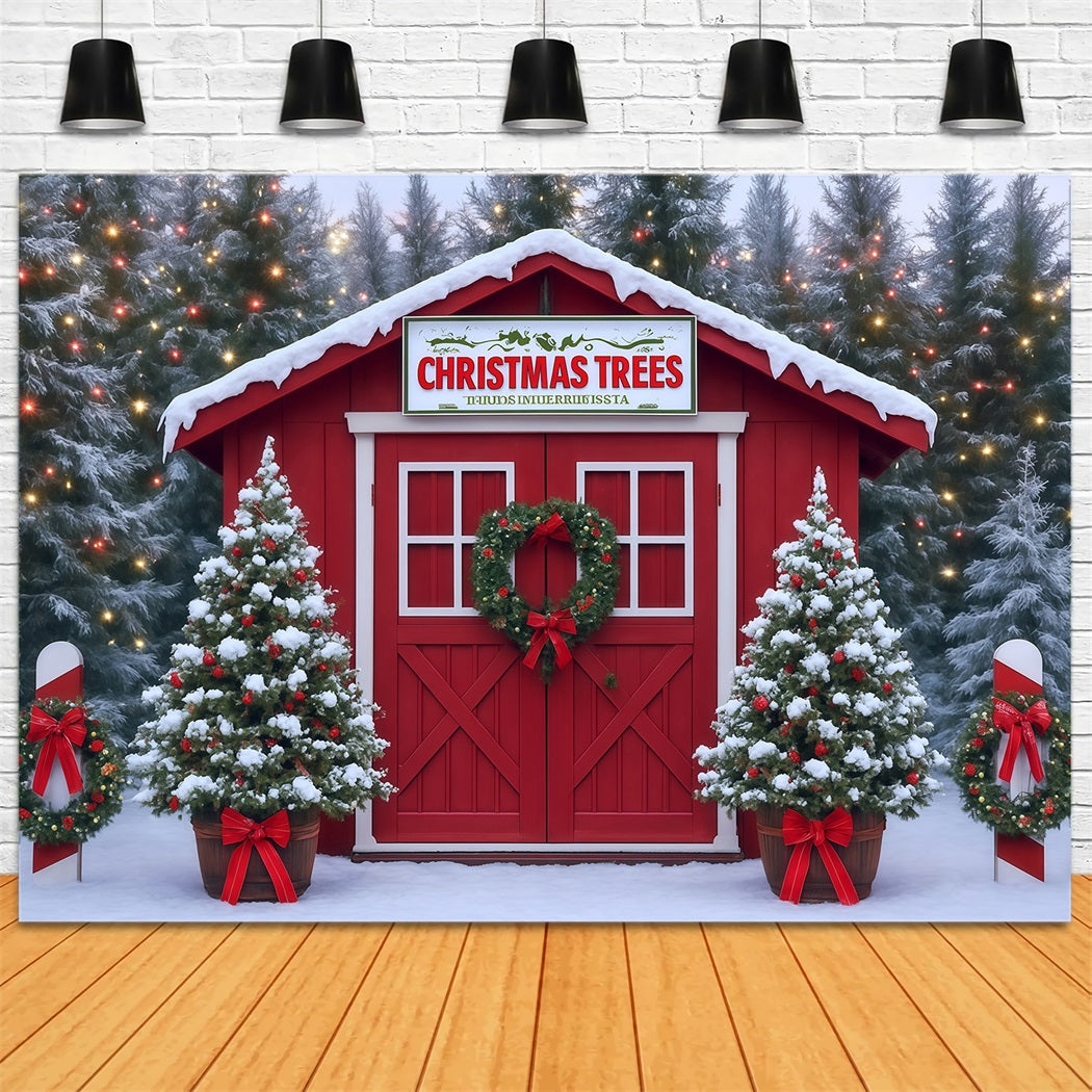 Christmas Trees Backdrop Snowy Farm House Red Barn Christmas Photo Backdrop MRR8-263