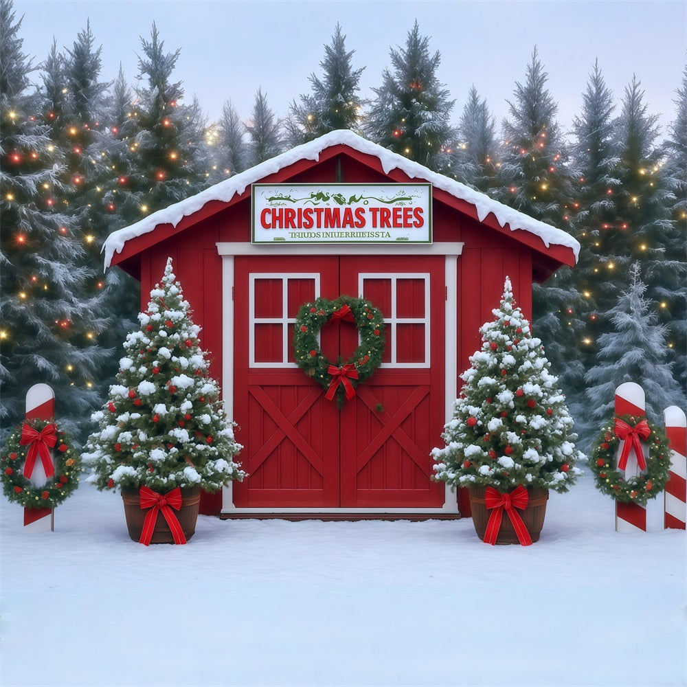 Christmas Trees Backdrop Snowy Farm House Red Barn Christmas Photo Backdrop MRR8-263