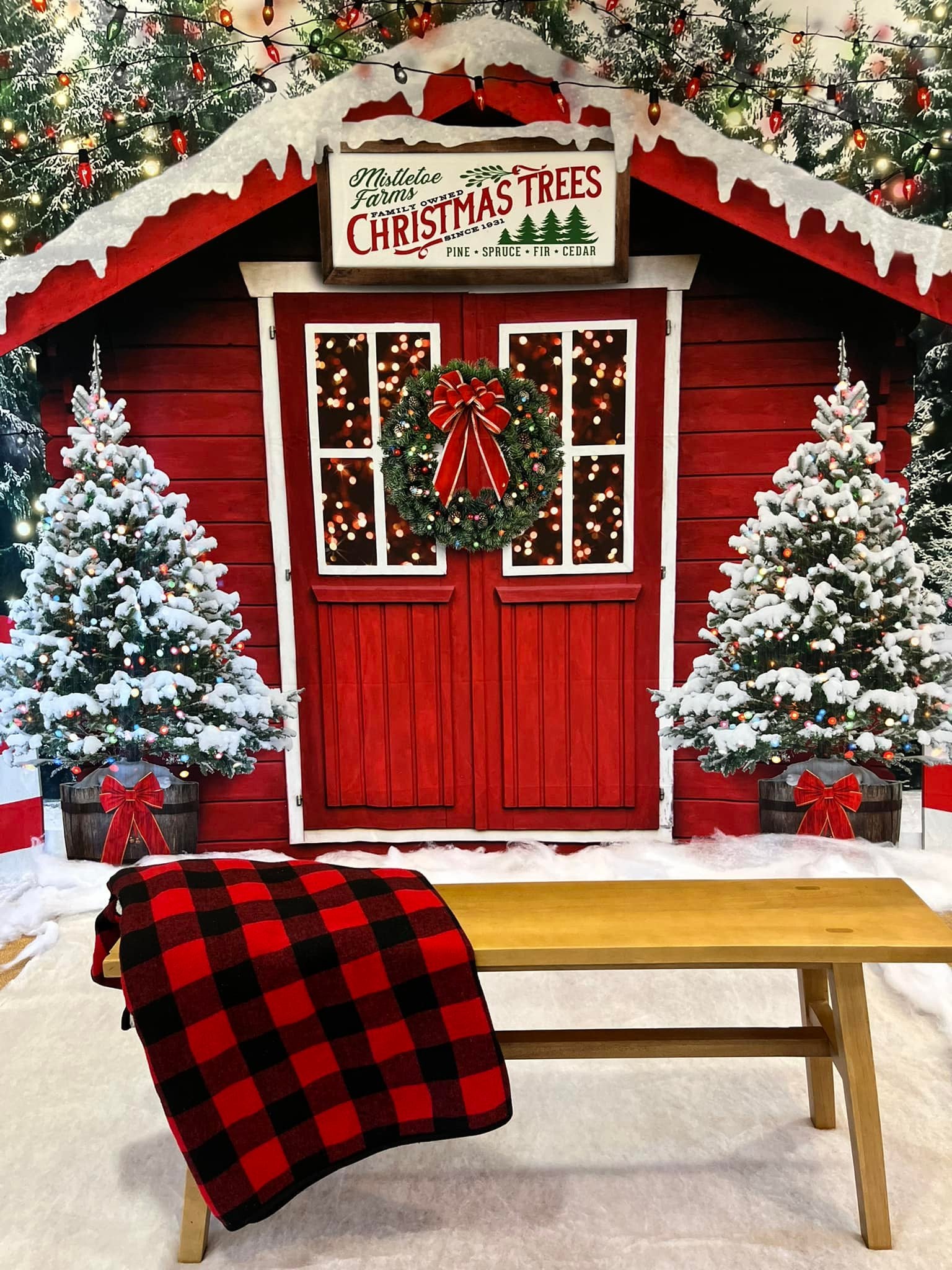 Christmas Trees Backdrop Snowy Farm House Red Barn Christmas Photo Backdrop MRR8-263