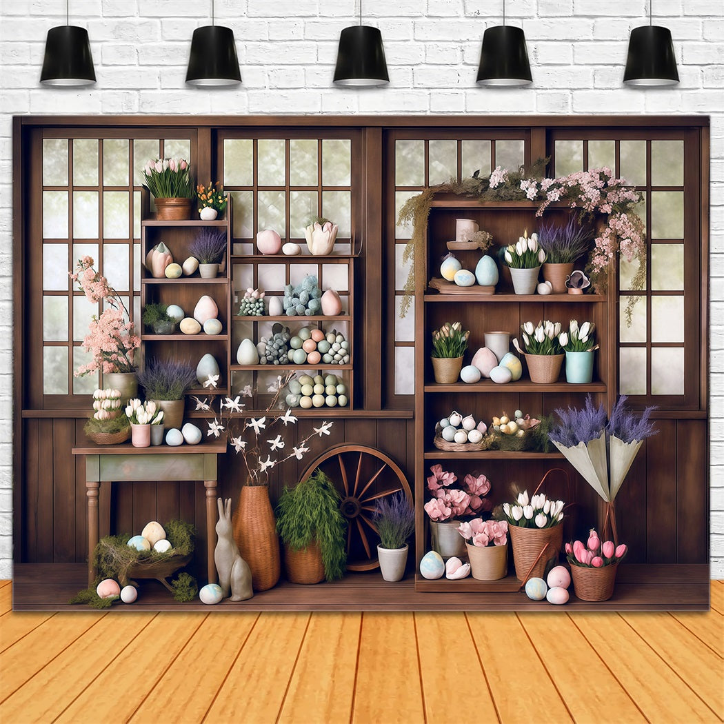 Easter Backdrop Rustic Window Eggs Flowers Easter Photo Backdrop MRR8-266