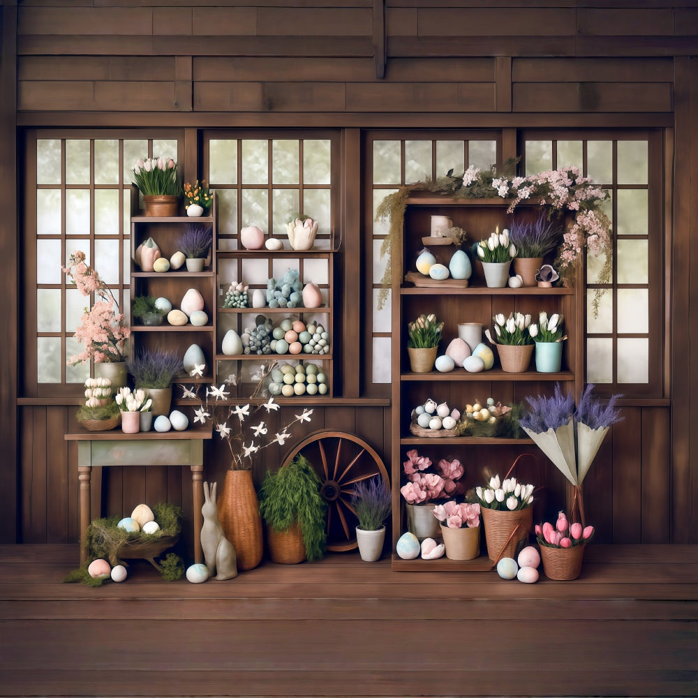 Easter Backdrop Rustic Window Eggs Flowers Easter Photo Backdrop MRR8-266