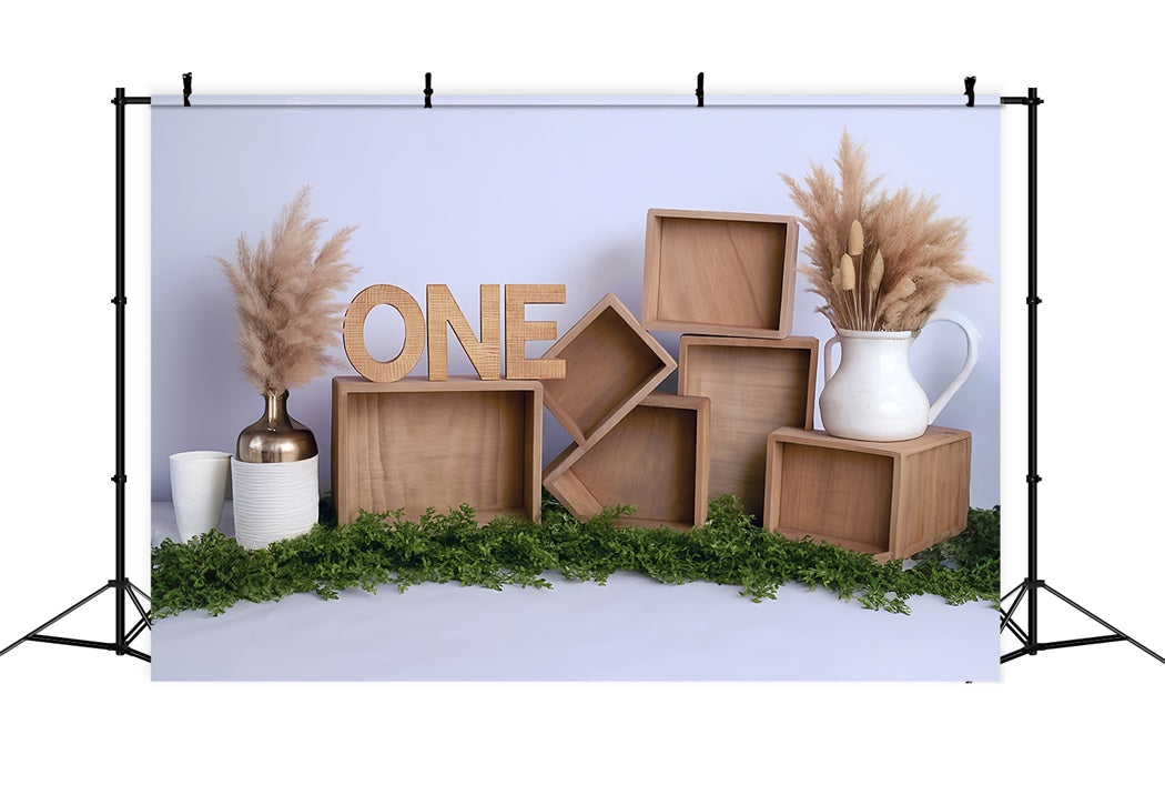 Cake Smash Backdrops Wooden Boxes Pampas Arrangement 1st Birthday Backdrop MRR8-269