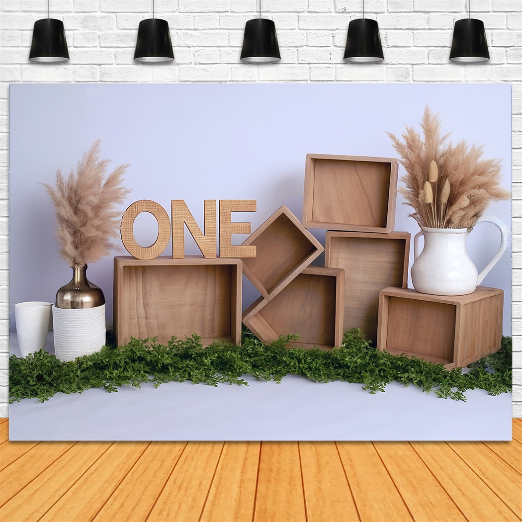 Cake Smash Backdrops Wooden Boxes Pampas Arrangement 1st Birthday Backdrop MRR8-269