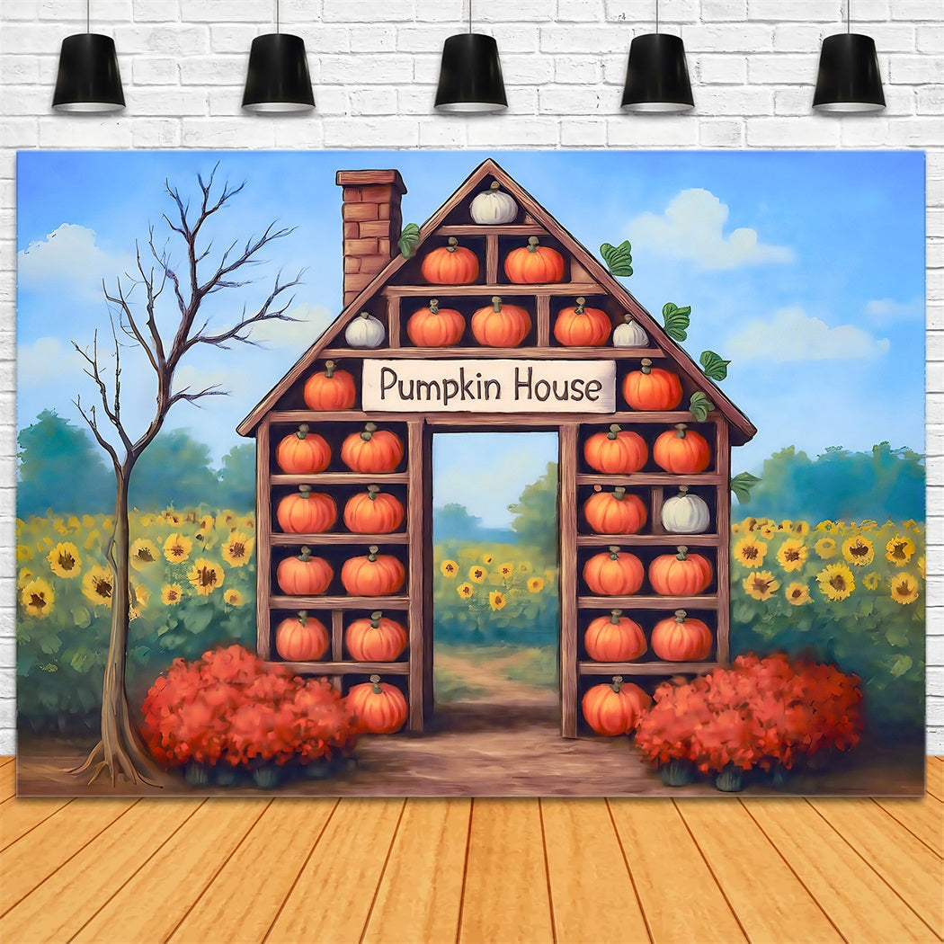 Fall Backdrop Pumpkin House Harvest Sunflower Fall Photo Backdrop MRR8-271