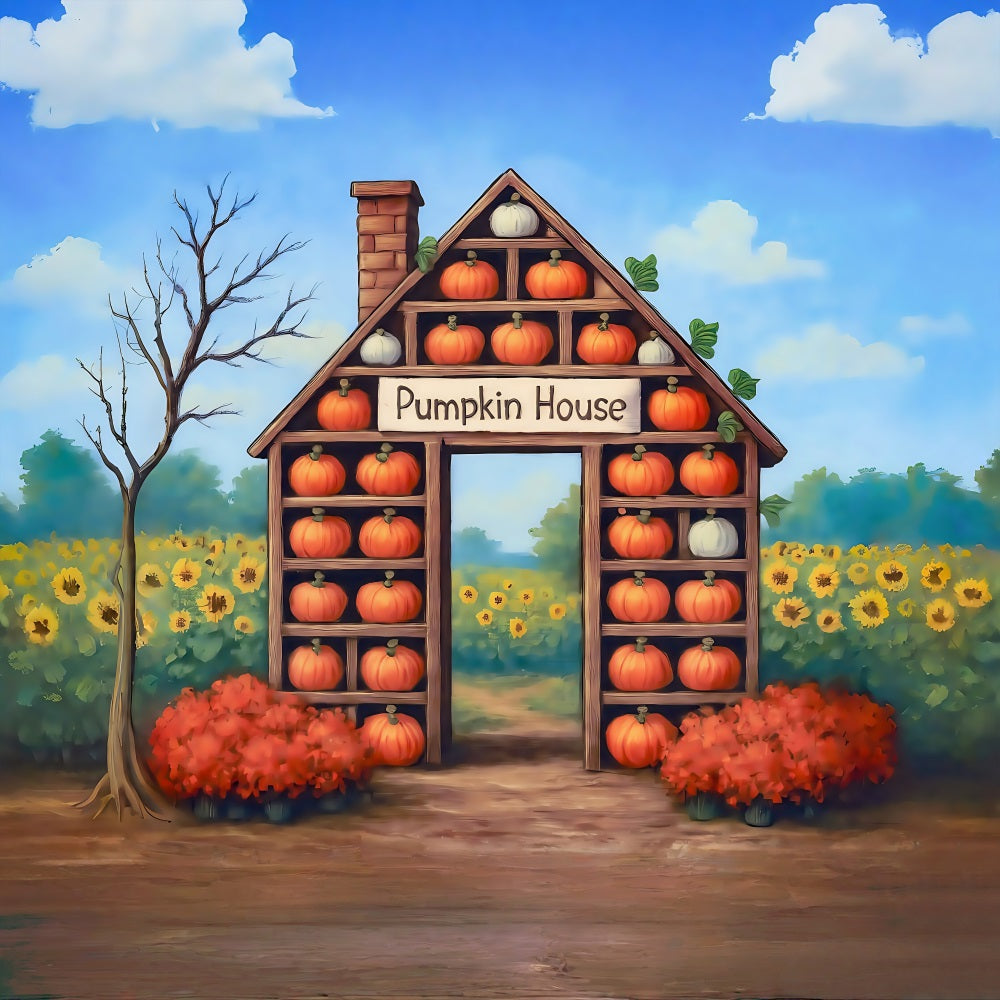Fall Backdrop Pumpkin House Harvest Sunflower Fall Photo Backdrop MRR8-271
