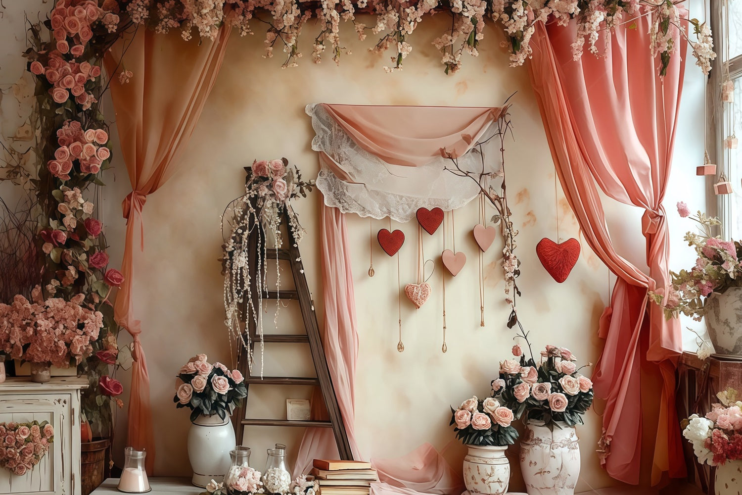 Valentine Photo Backdrop Romantic Floral Love Heart Valentine's Day Backdrop MRR8-274