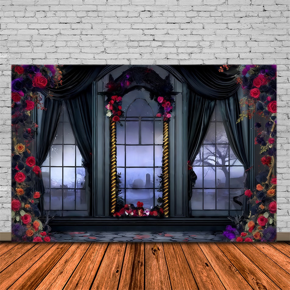 Halloween Photo Backdrop Victorian Rose Draped Window Halloween Backdrop MRR8-28