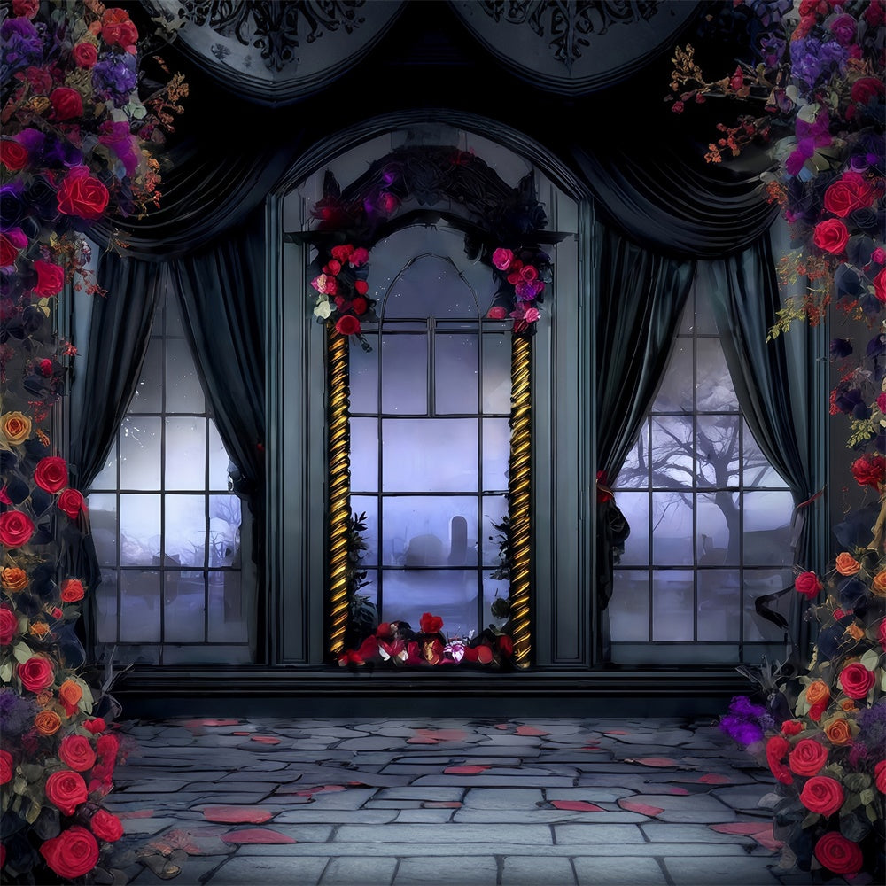 Halloween Photo Backdrop Victorian Rose Draped Window Halloween Backdrop MRR8-28