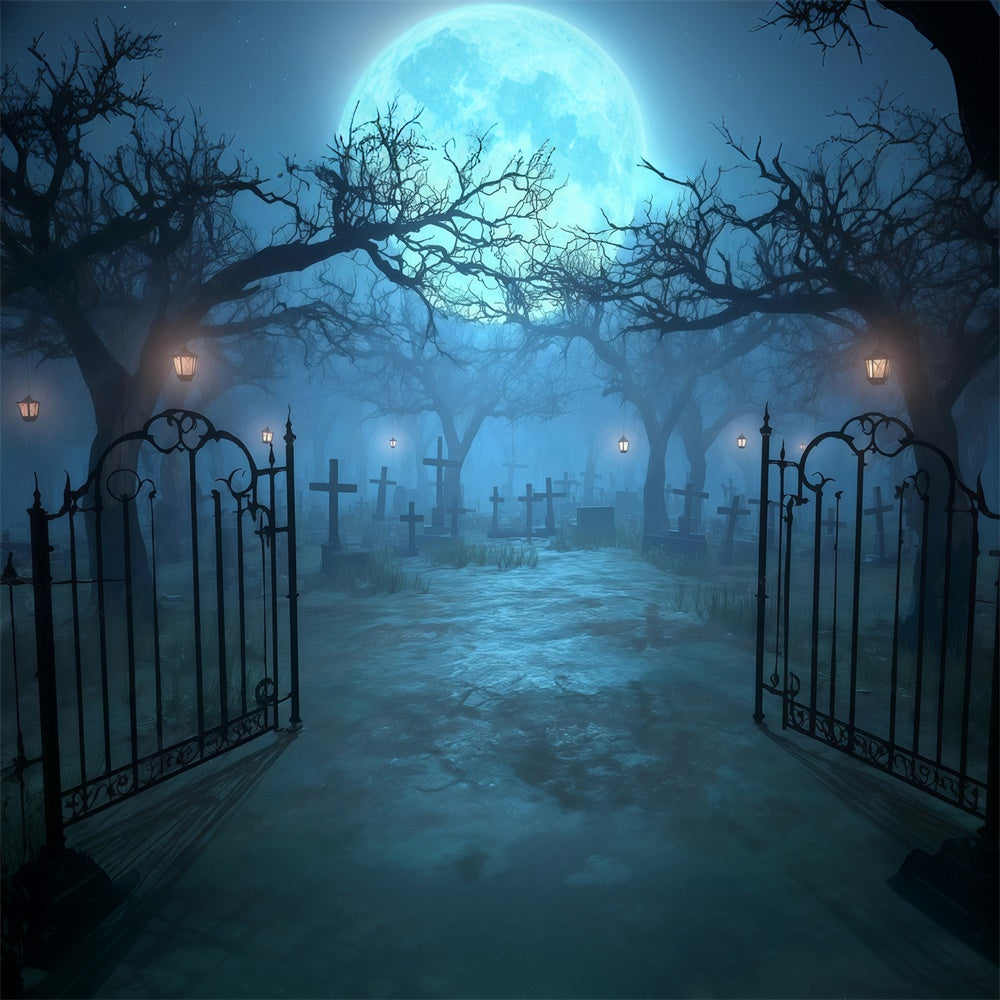 Halloween Graveyard Backdrop Moonlit Gate Cemetery Path Halloween Backdrop MRR8-29