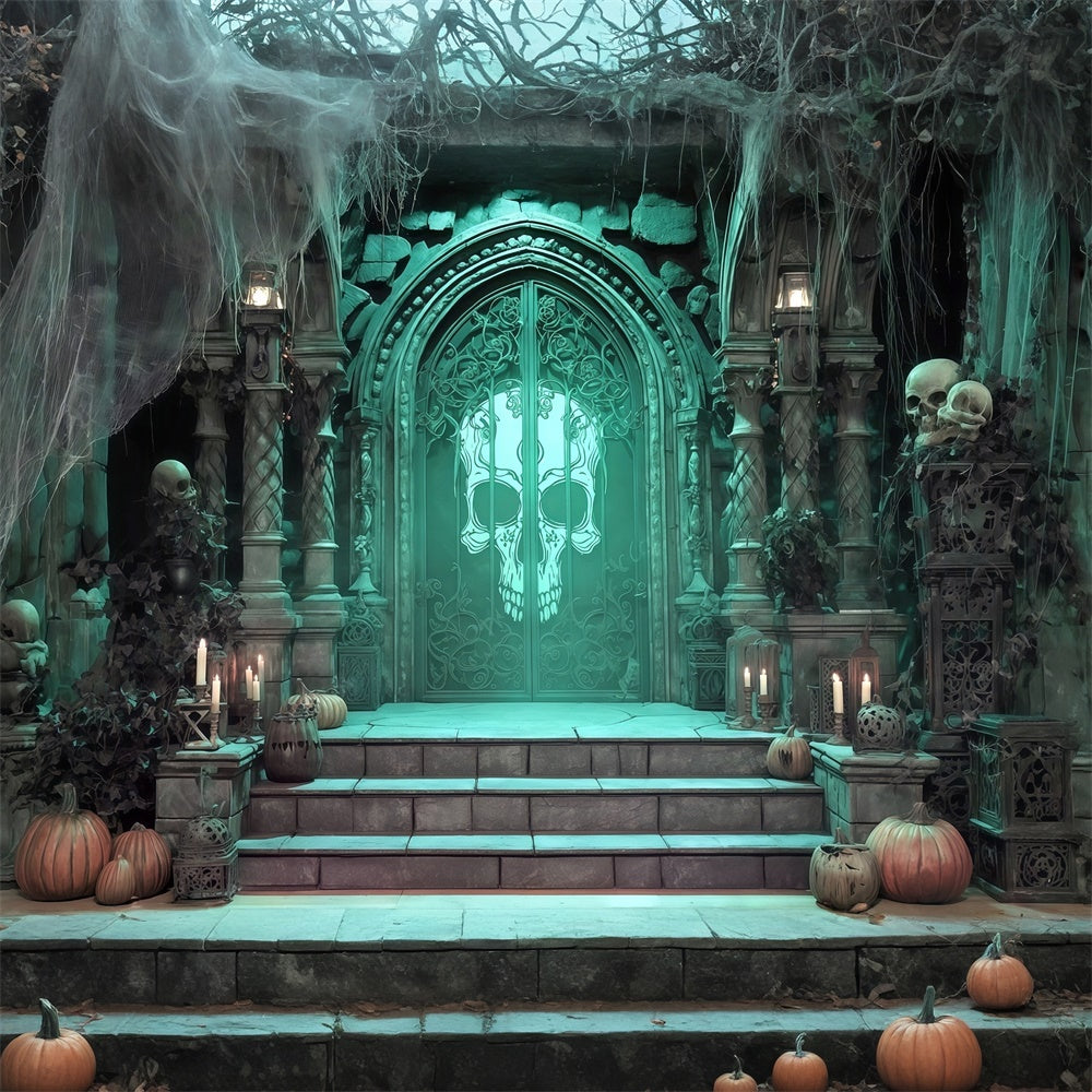 Halloween Backdrops for Photos Green Skull Crypt Entrance Halloween Backdrop MRR8-30