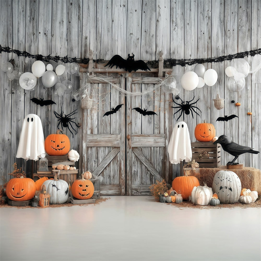 Halloween Backdrops for Photos Wooden Door Spider Bat Spooky Halloween Backdrop MRR8-33