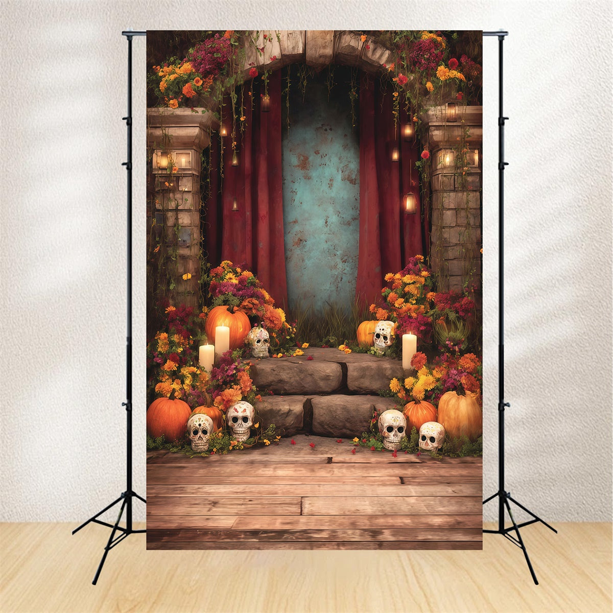 Halloween Photography Backdrop Flower Sacrifice Skeleton Candle Arch Backdrop MRR8-36