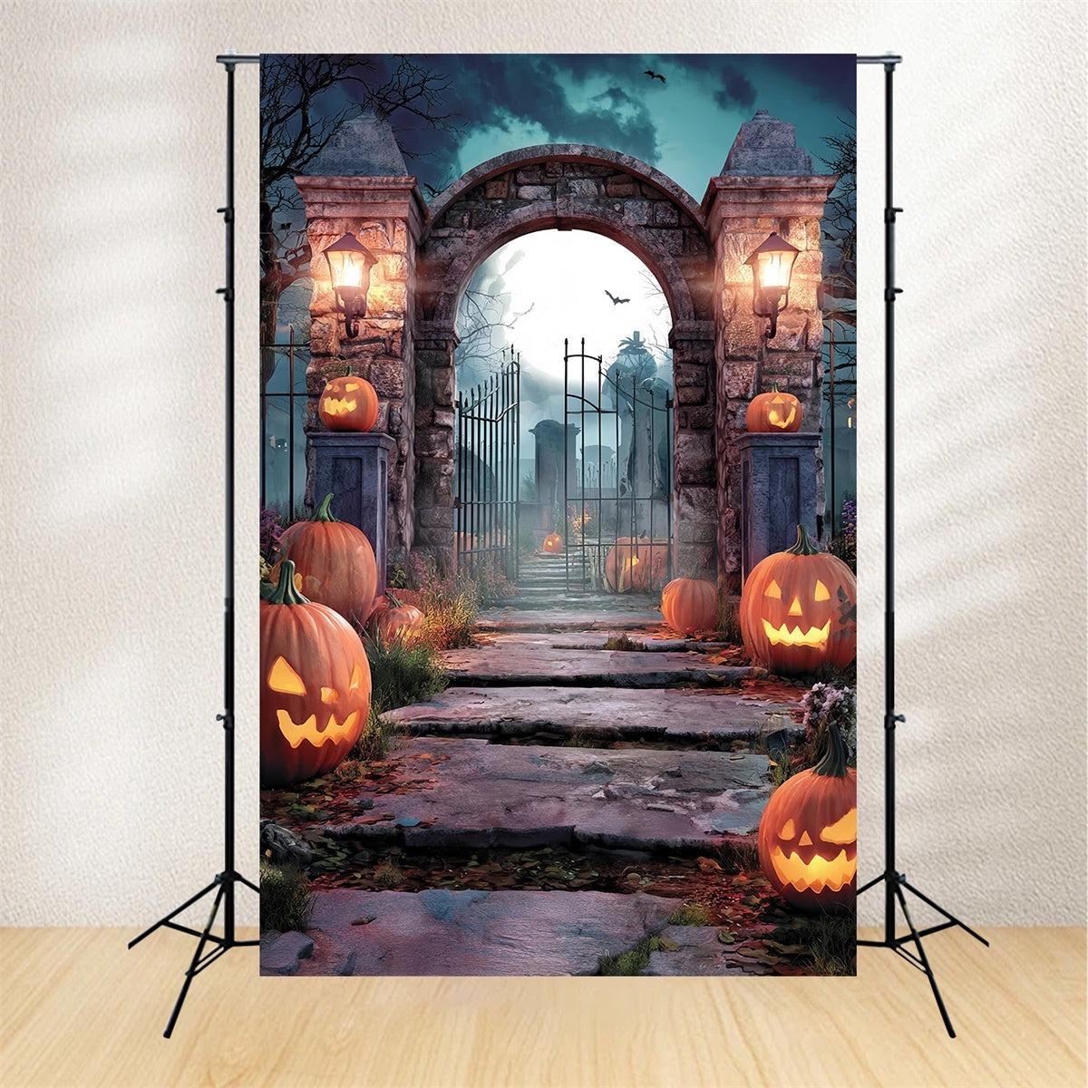 Halloween Graveyard Backdrop Pumpkin Tomb Guard Spooky Halloween Backdrop MRR8-39
