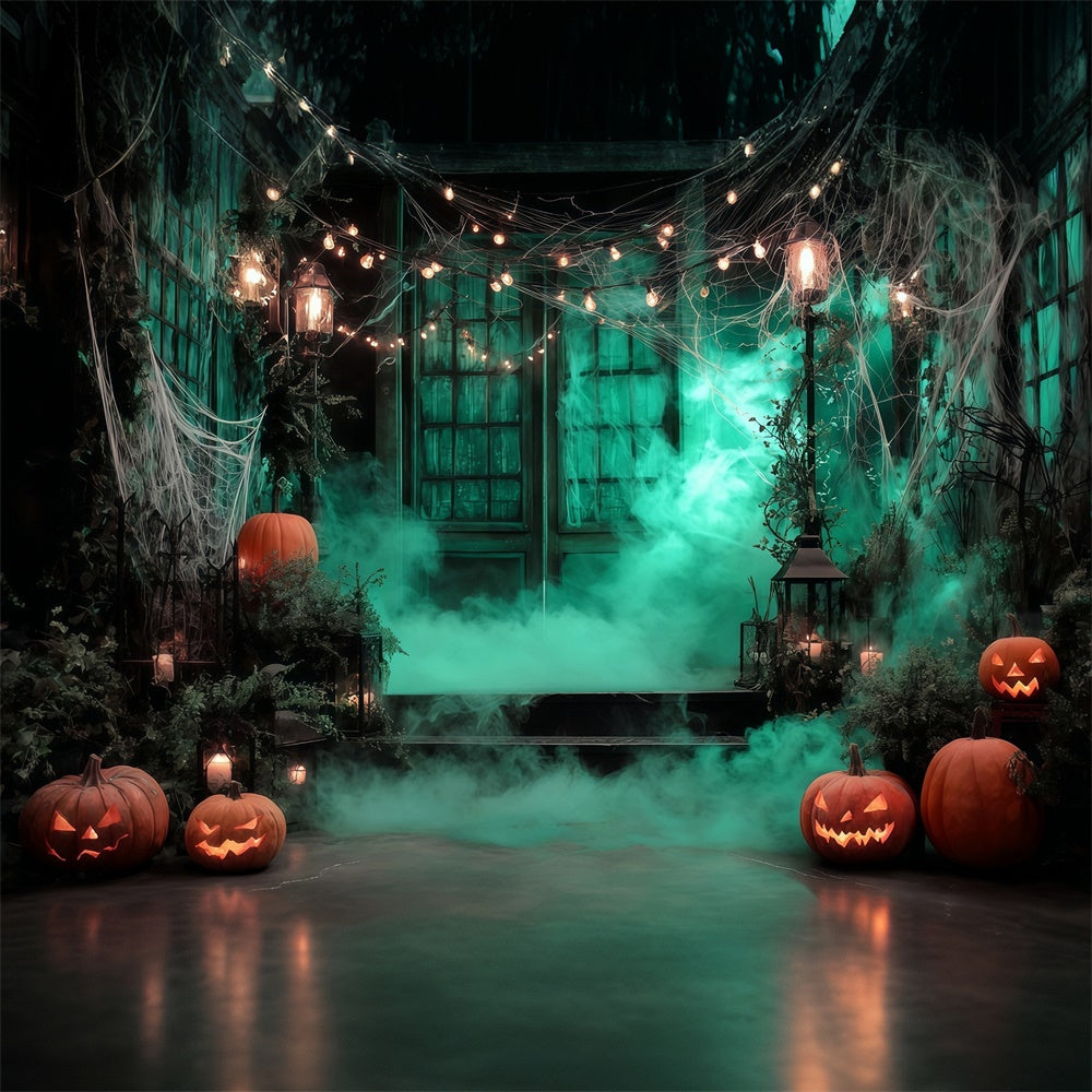 Garage Door Halloween Backdrop Eerie Lights Misty Wood Halloween Backdrop MRR8-4