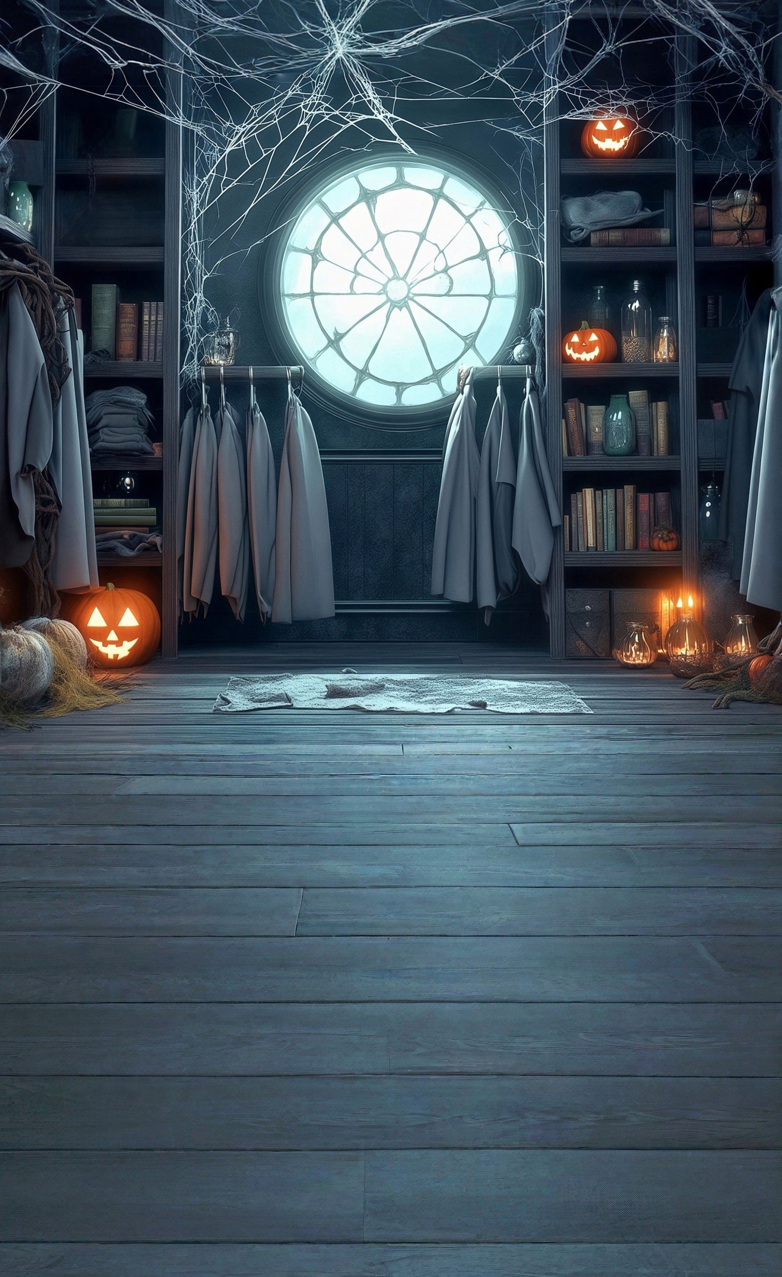 Halloween Backdrops Cobweb Window Pumpkin Lights Bookshelf Hanger Sweep Backdrop MRR8-42