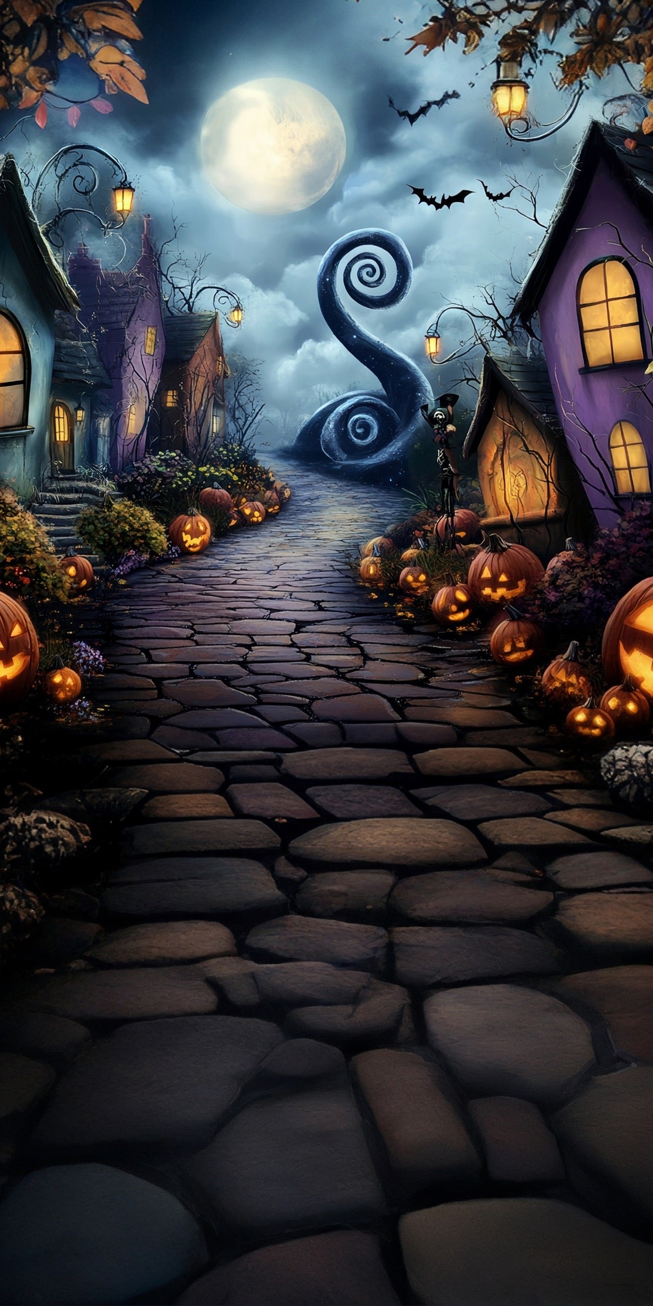 Halloween Photo Backdrop Moonlit Night Grotesque Town Sweep Backdrop MRR8-43