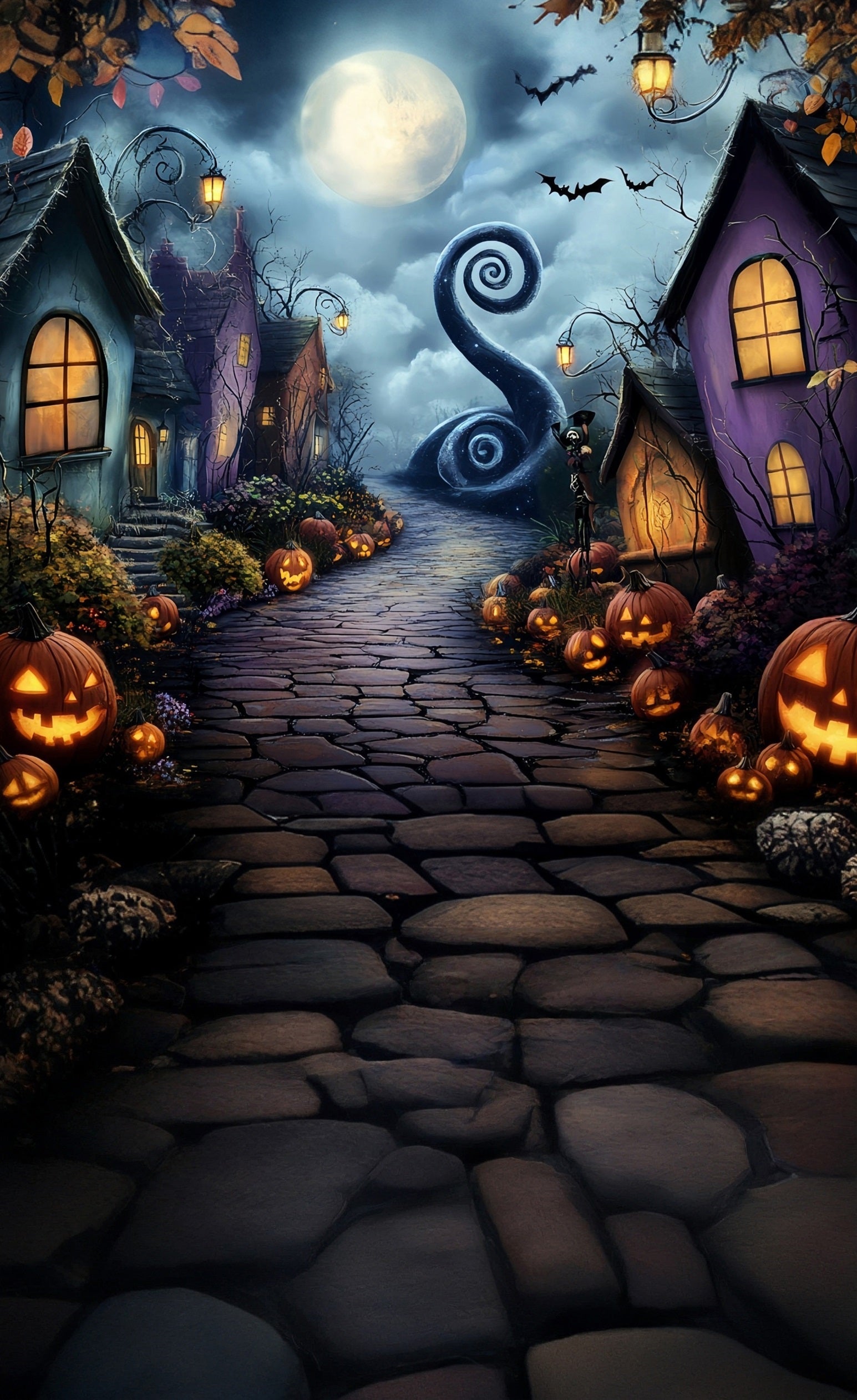 Halloween Photo Backdrop Moonlit Night Grotesque Town Sweep Backdrop MRR8-43