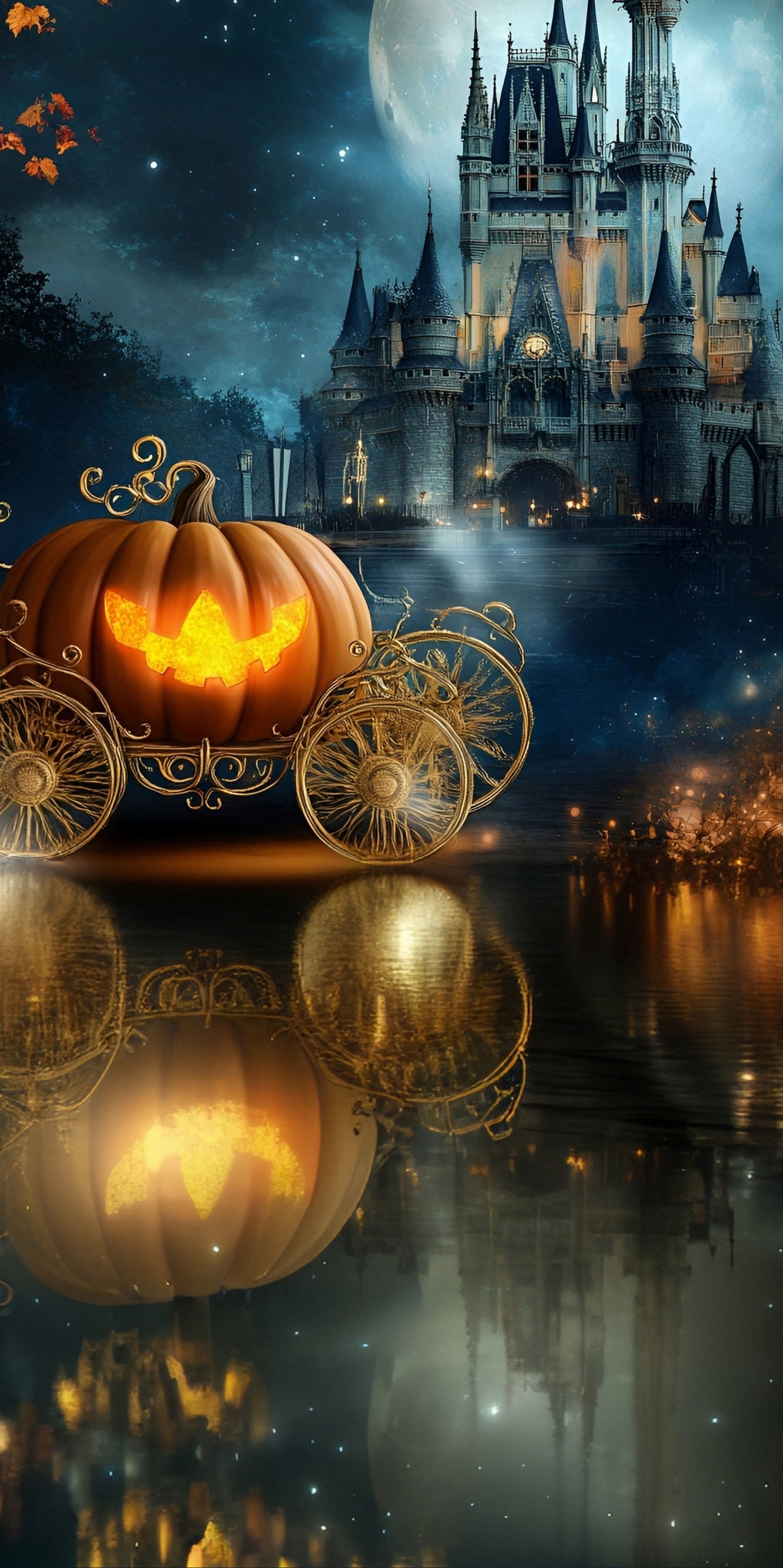 Halloween Backdrop for Photos Pumpkin Carriage Dreamy Castle Lake Sweep Backdrop MRR8-44