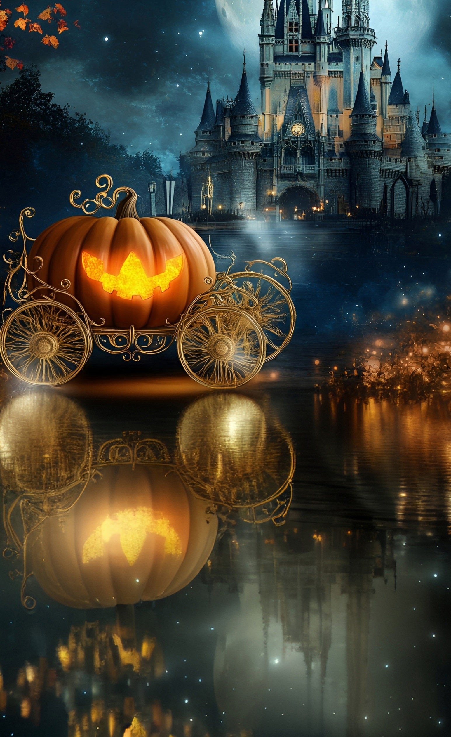 Halloween Backdrop for Photos Pumpkin Carriage Dreamy Castle Lake Sweep Backdrop MRR8-44