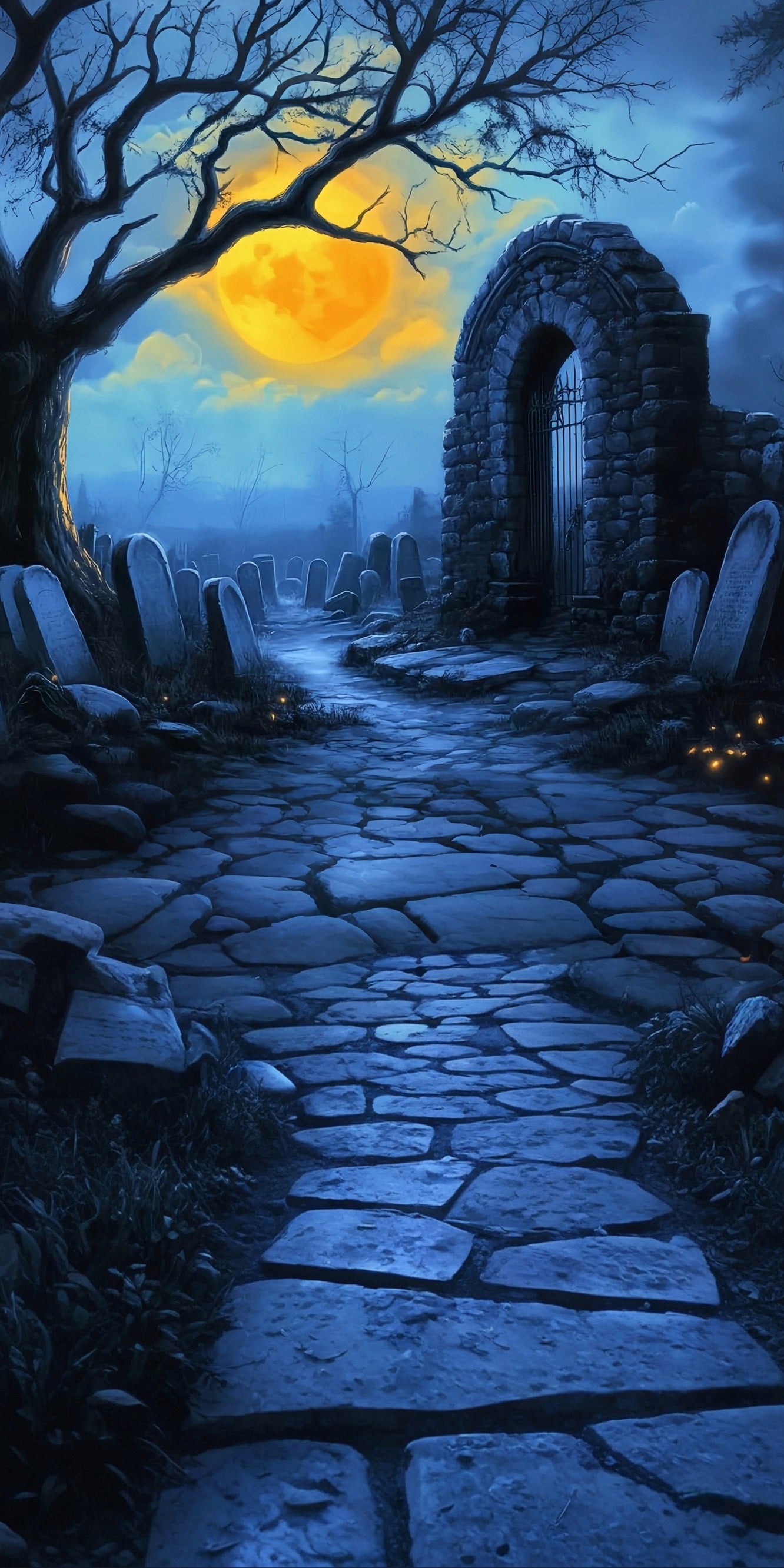 Halloween Graveyard Backdrop Cemetery under the Moonlit Night Sweep Backdrop MRR8-48