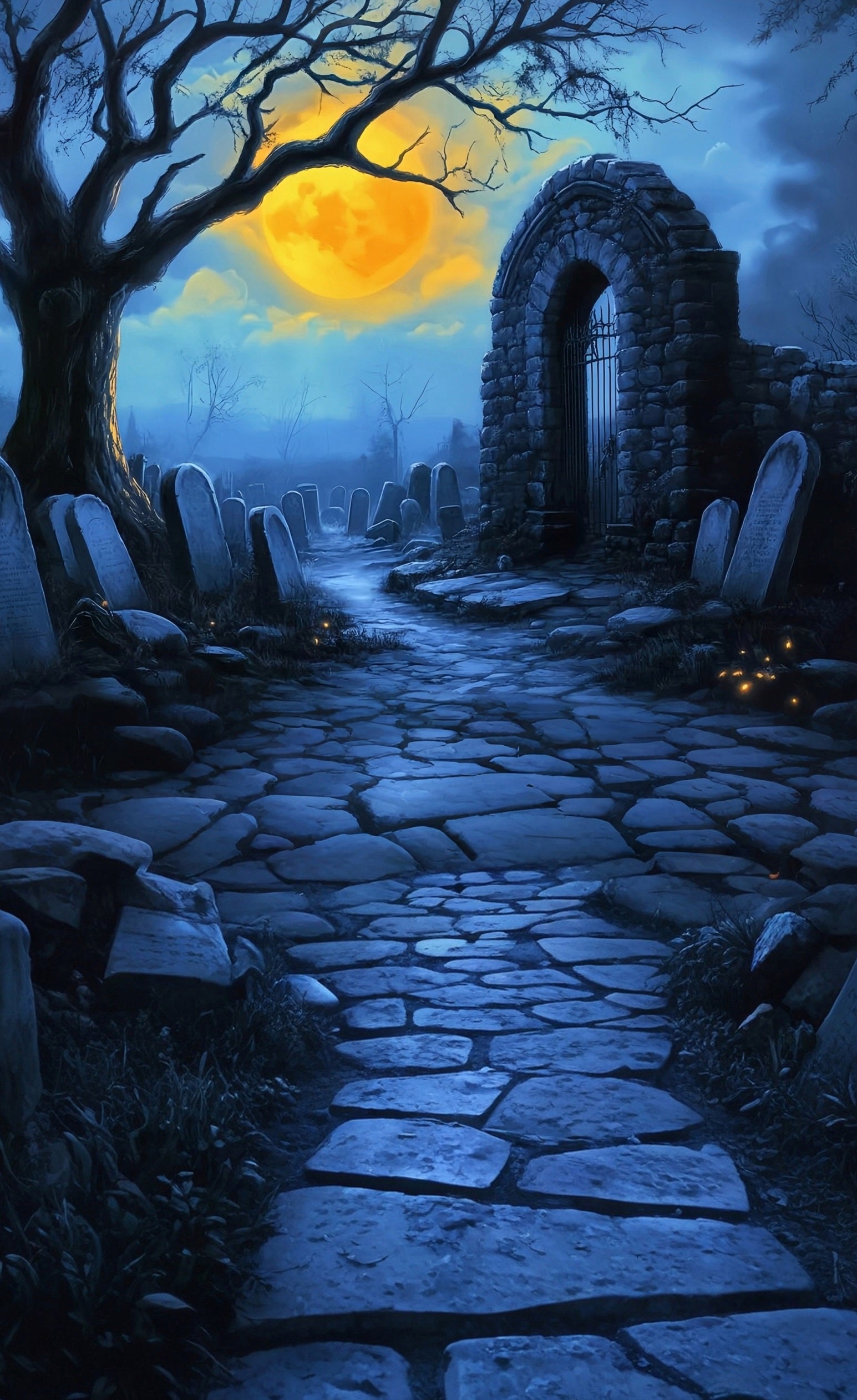 Halloween Graveyard Backdrop Cemetery under the Moonlit Night Sweep Backdrop MRR8-48