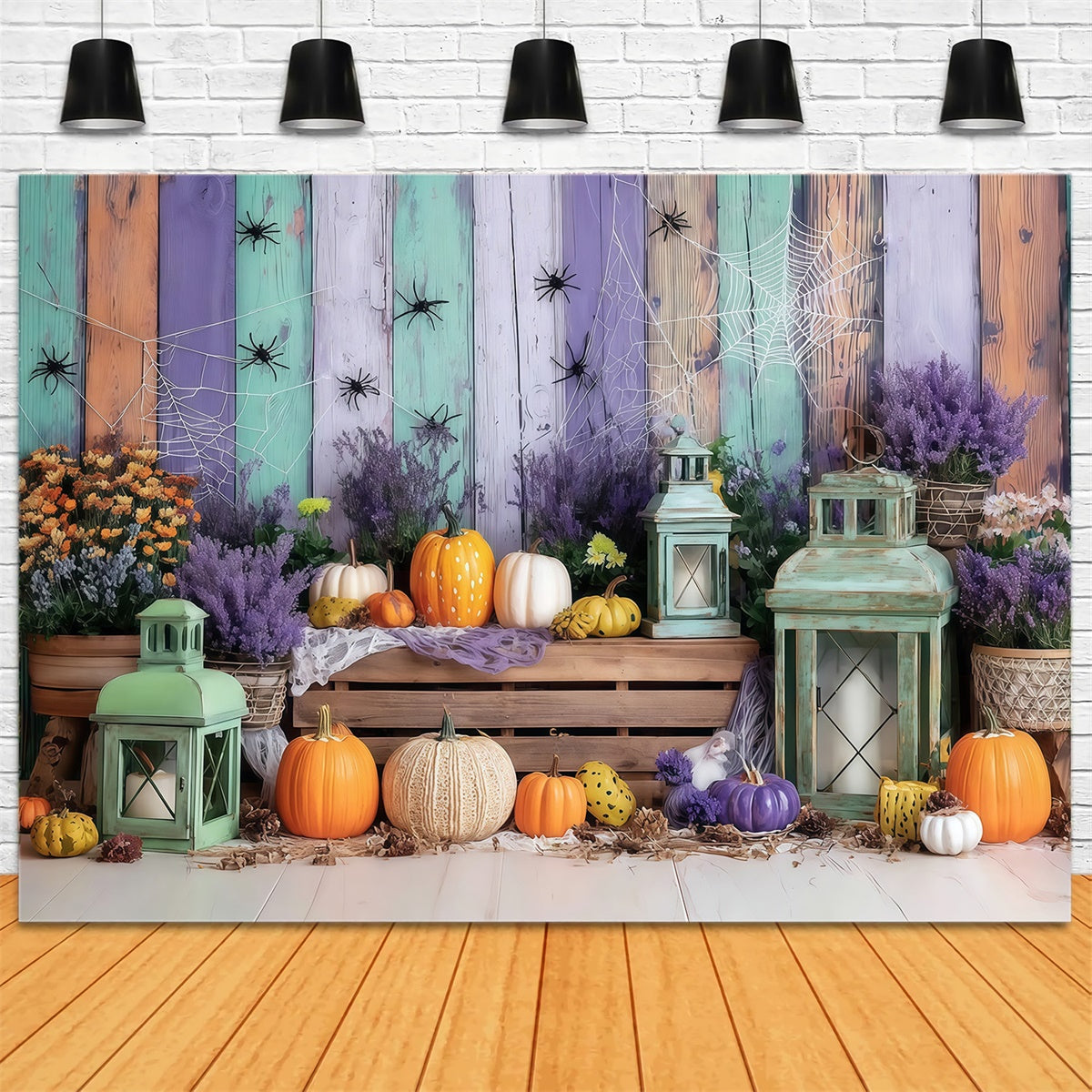 Halloween Wall Backdrop Colorful Wooden Wall Spider Pumpkin Halloween Backdrop MRR8-5