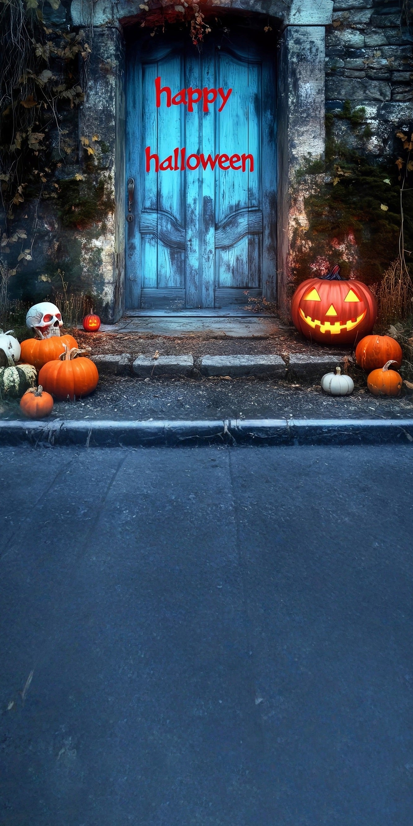 Halloween Photo Backdrops Bloodletter Happy Halloween Blue Vintage Door Sweep Backdrop MRR8-50