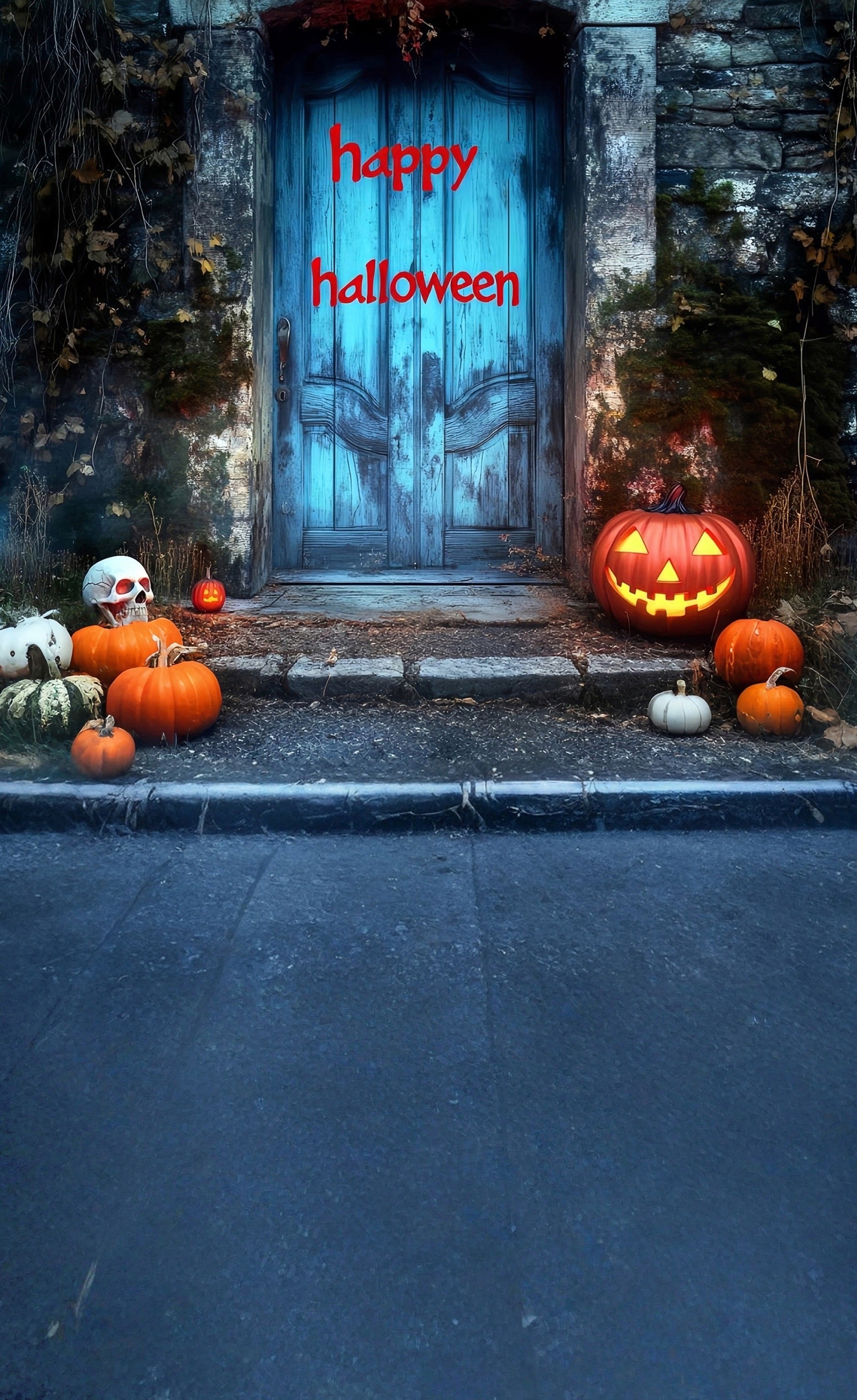 Halloween Photo Backdrops Bloodletter Happy Halloween Blue Vintage Door Sweep Backdrop MRR8-50