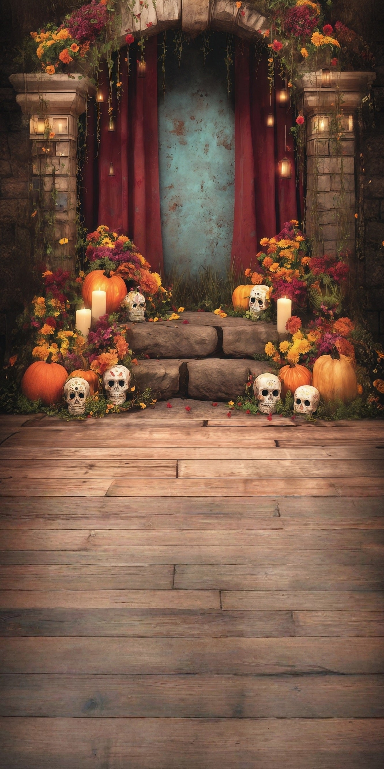 Spooky Halloween Backdrop Tranquil Flowers Candles Adorned Steps Sweep Backdrop MRR8-52