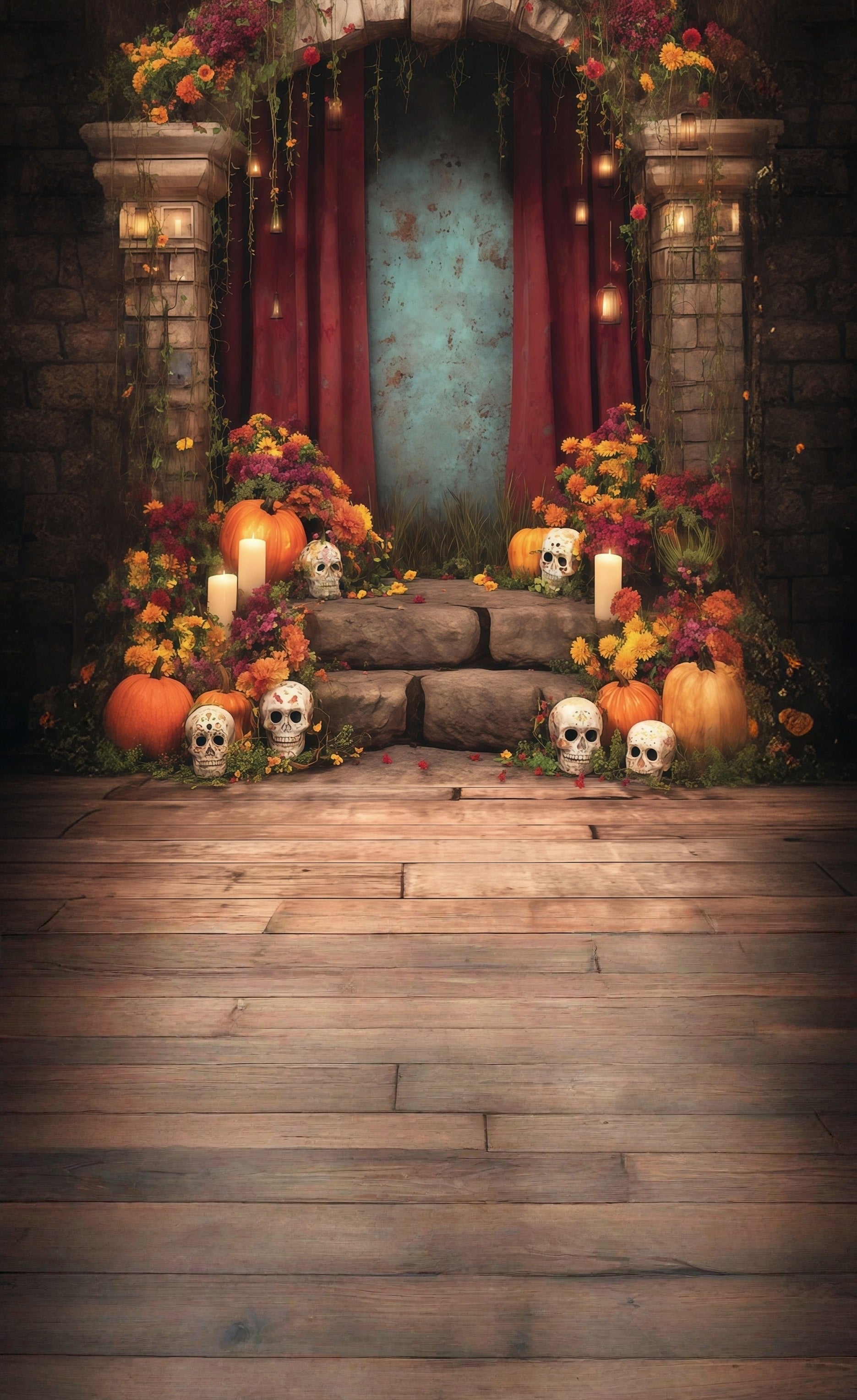 Spooky Halloween Backdrop Tranquil Flowers Candles Adorned Steps Sweep Backdrop MRR8-52