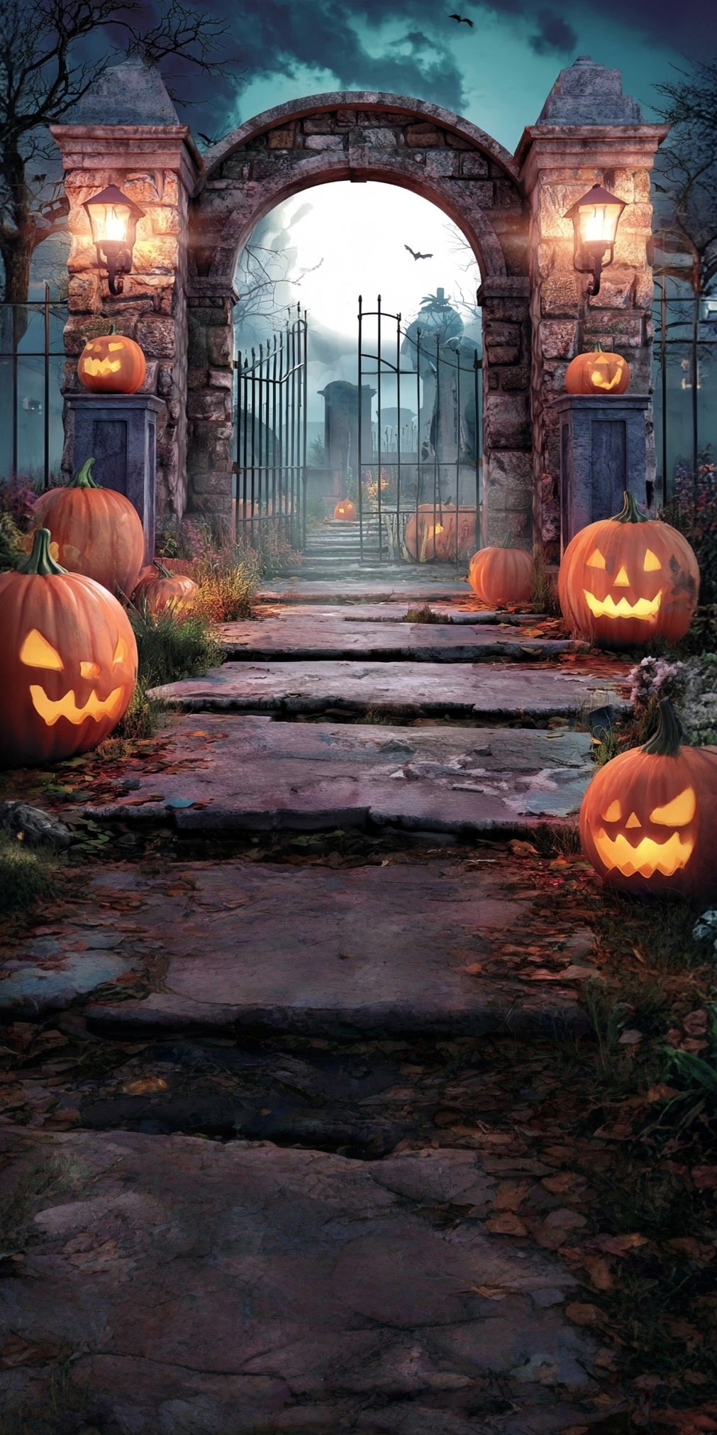 Halloween Graveyard Backdrop Pumpkin Lamps Stone Brick Cemetery Gate Sweep Backdrop MRR8-53