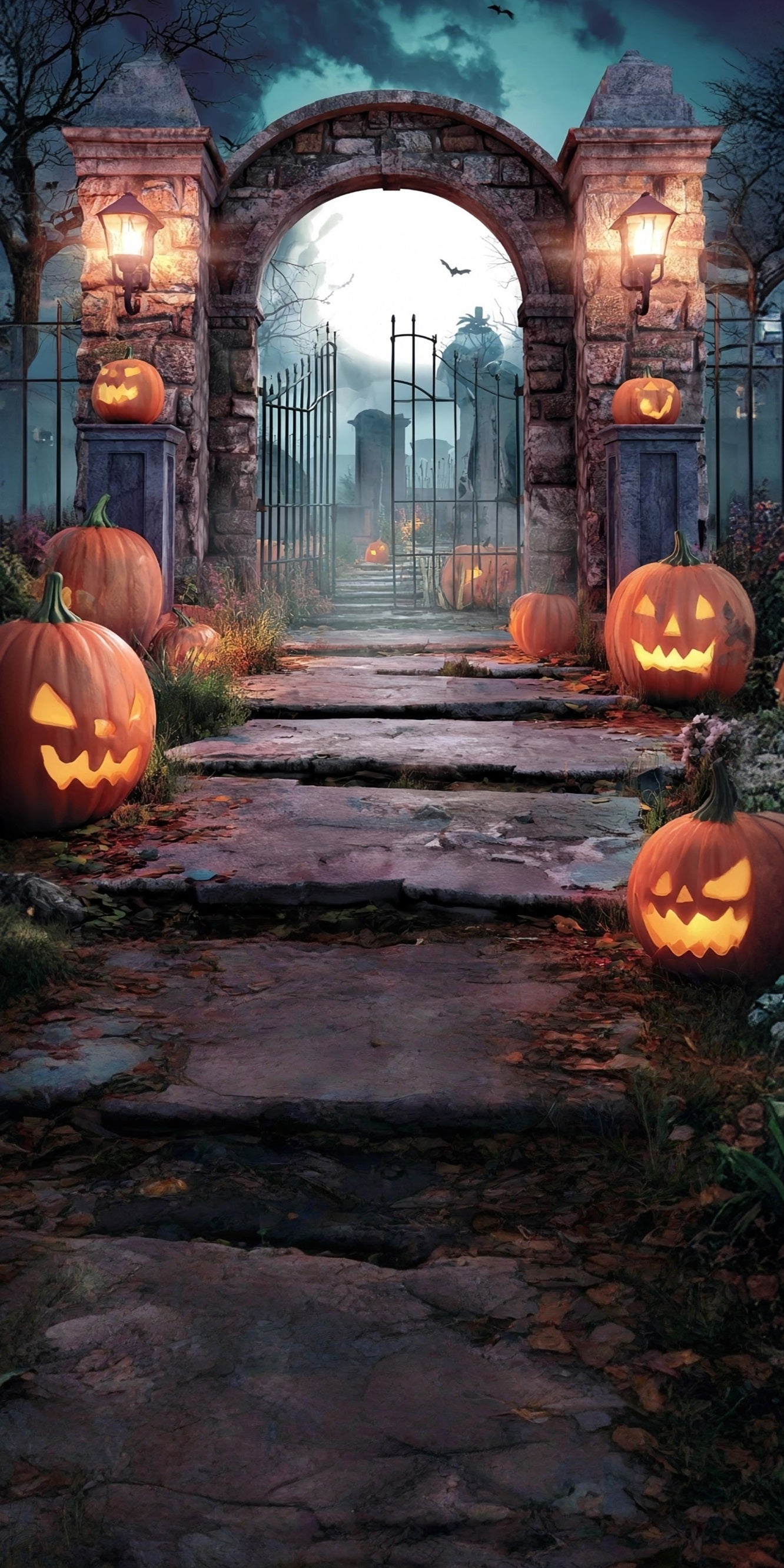Halloween Graveyard Backdrop Pumpkin Lamps Stone Brick Cemetery Gate Sweep Backdrop MRR8-53