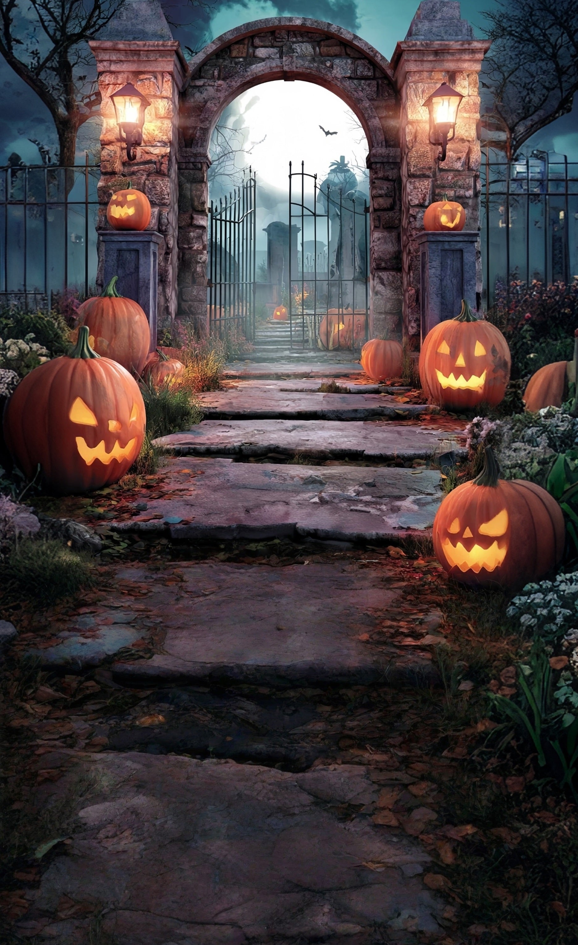 Halloween Graveyard Backdrop Pumpkin Lamps Stone Brick Cemetery Gate Sweep Backdrop MRR8-53