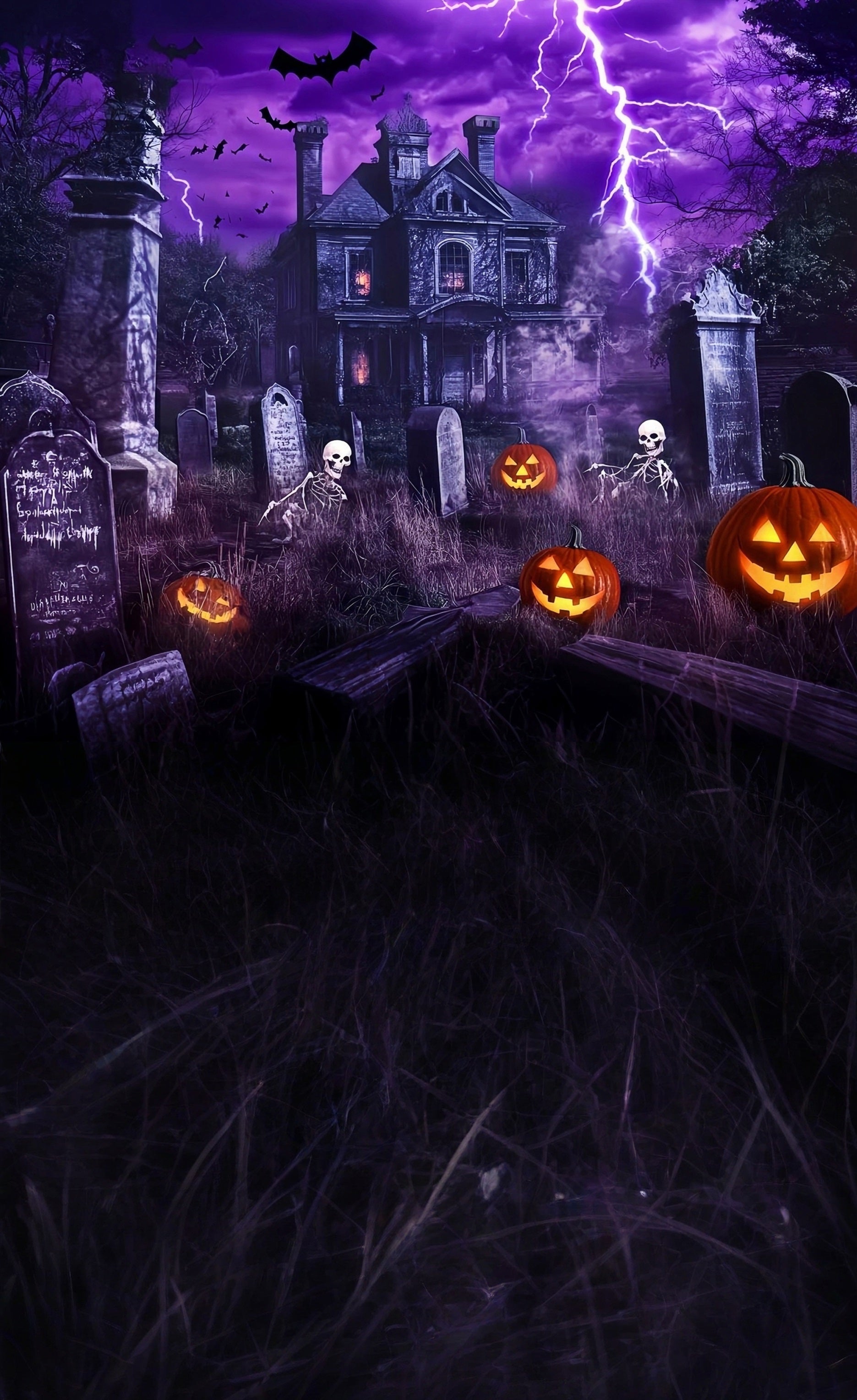 Haunted House Backdrop Lightning Haunted House Graveyard Skeleton Dance Sweep Backdrop MRR8-56