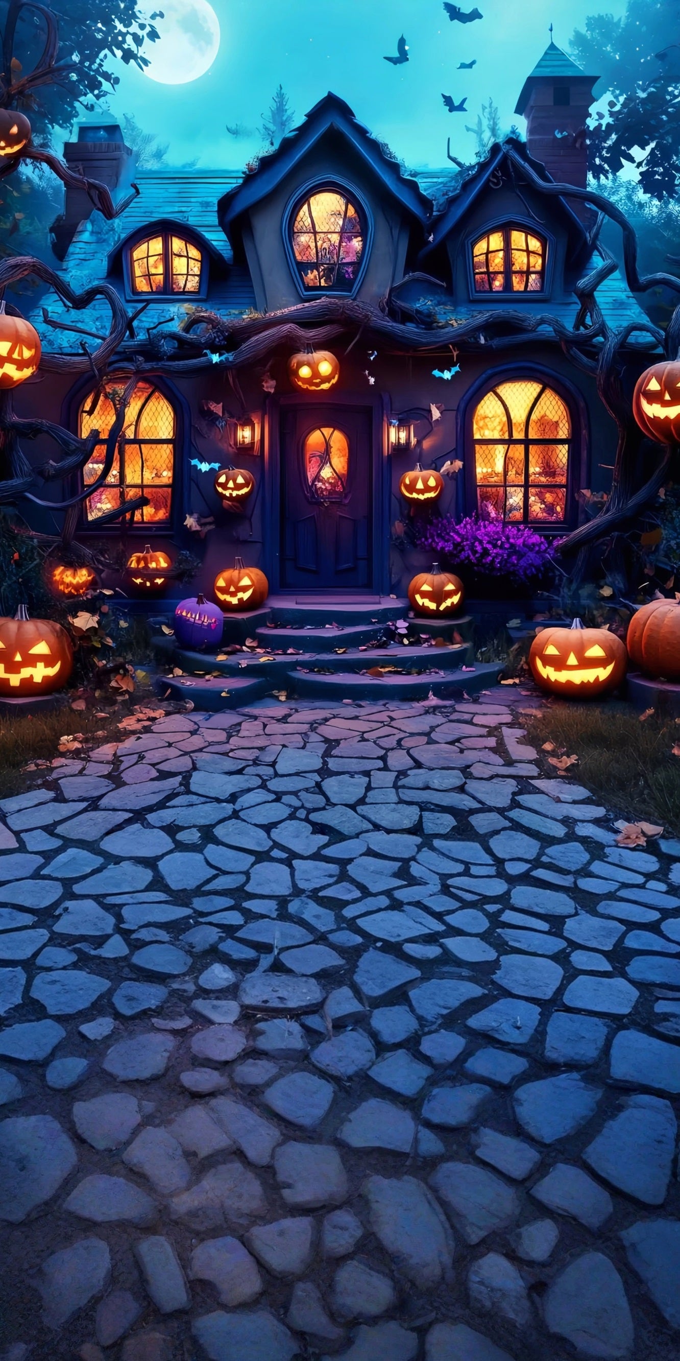 Haunted House Backdrop Moonlit Pumpkin Lamp Enchanted Cottage Sweep Backdrop MRR8-57