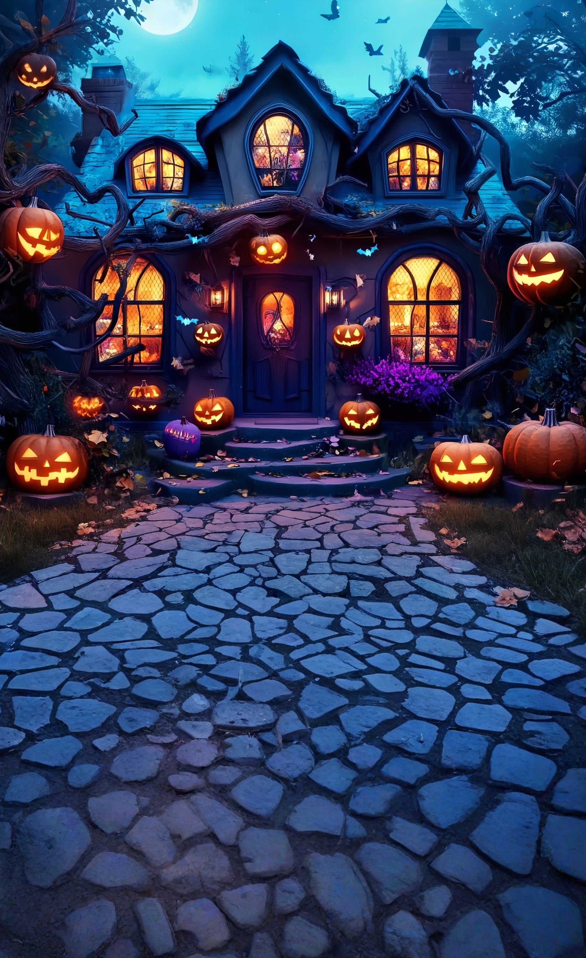 Haunted House Backdrop Moonlit Pumpkin Lamp Enchanted Cottage Sweep Backdrop MRR8-57