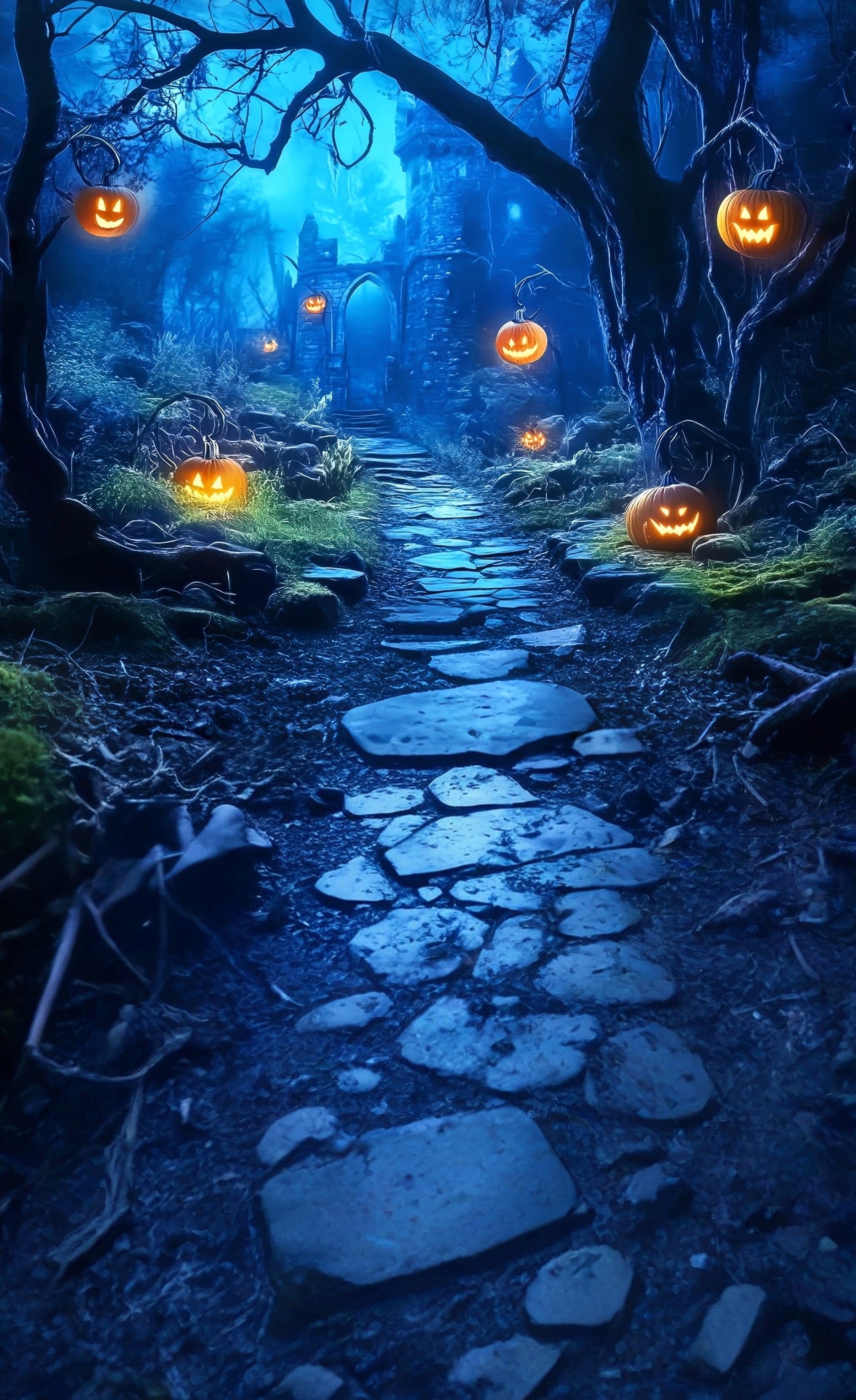 Scary Halloween Backdrops Pumpkin Lights Spooky Forest Trail Sweep Backdrop MRR8-58