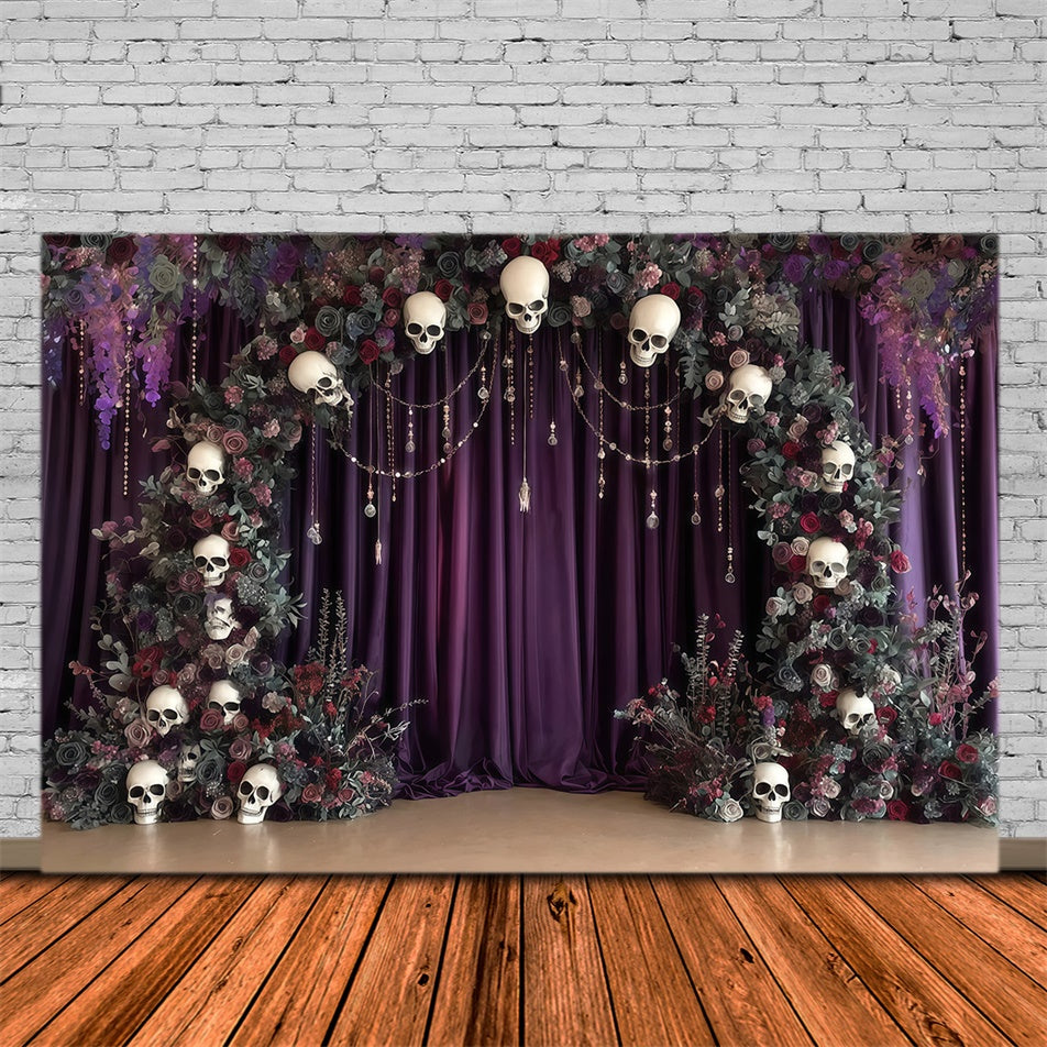 Halloween Photo Backdrop Skull Arch Flower Mystery Purple Halloween Backdrop MRR8-6