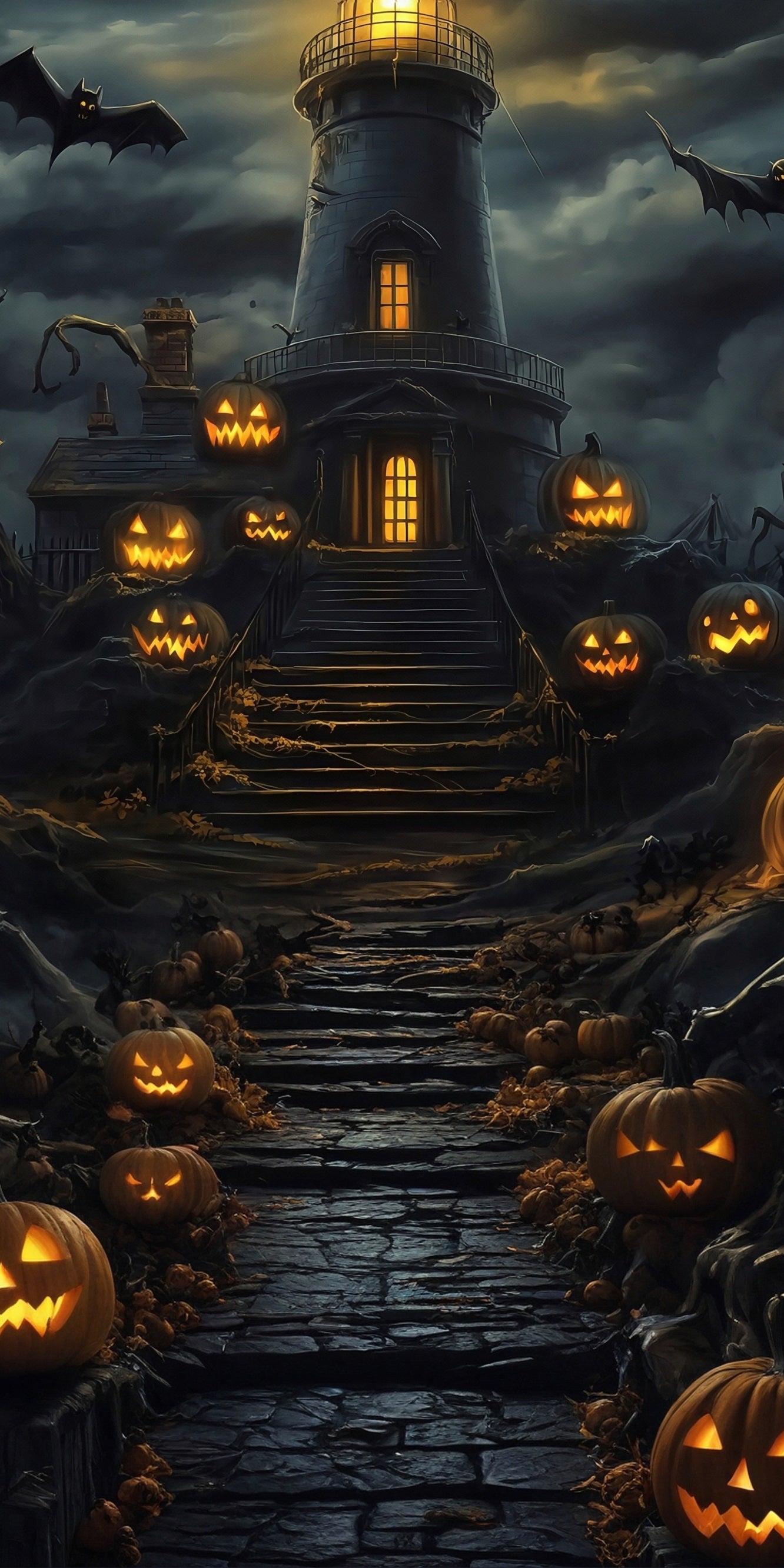 Halloween Backdrop Pumpkin Lamp Steps Dark Clouds Dark Night Tower Sweep Backdrop MRR8-64