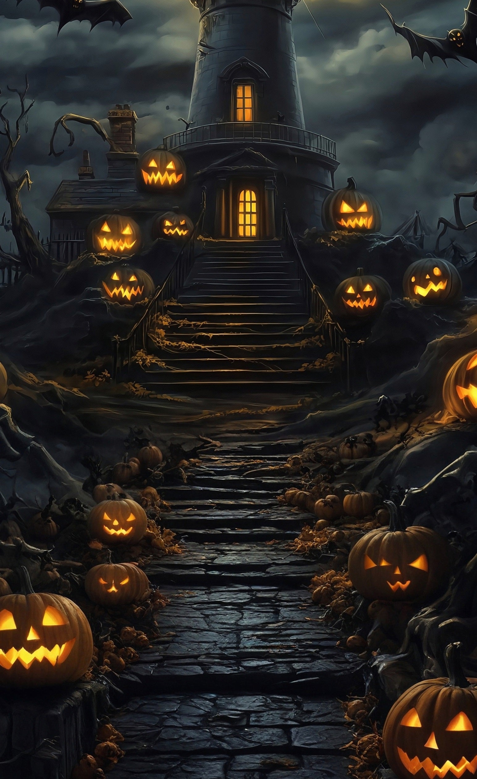 Halloween Backdrop Pumpkin Lamp Steps Dark Clouds Dark Night Tower Sweep Backdrop MRR8-64