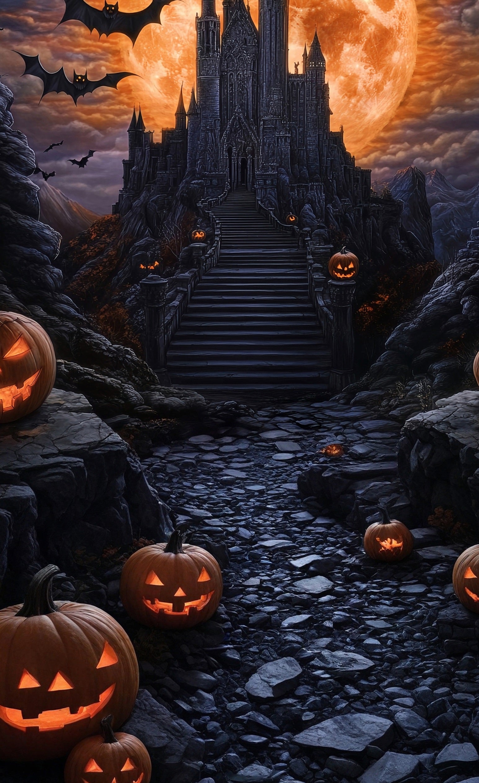 Halloween Photo Backdrop Magical Giant Blood Moon Black Castle Sweep Backdrop MRR8-65