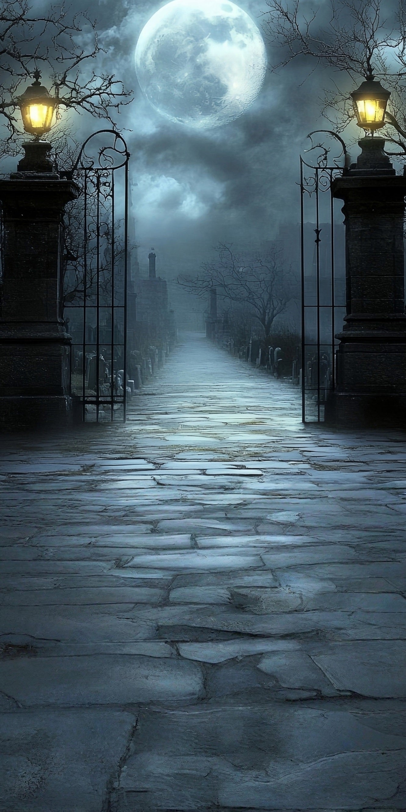 Halloween Backdrop Moonlit Night Misty Vintage Streetlight Cemetery Gates Sweep Backdrop MRR8-67