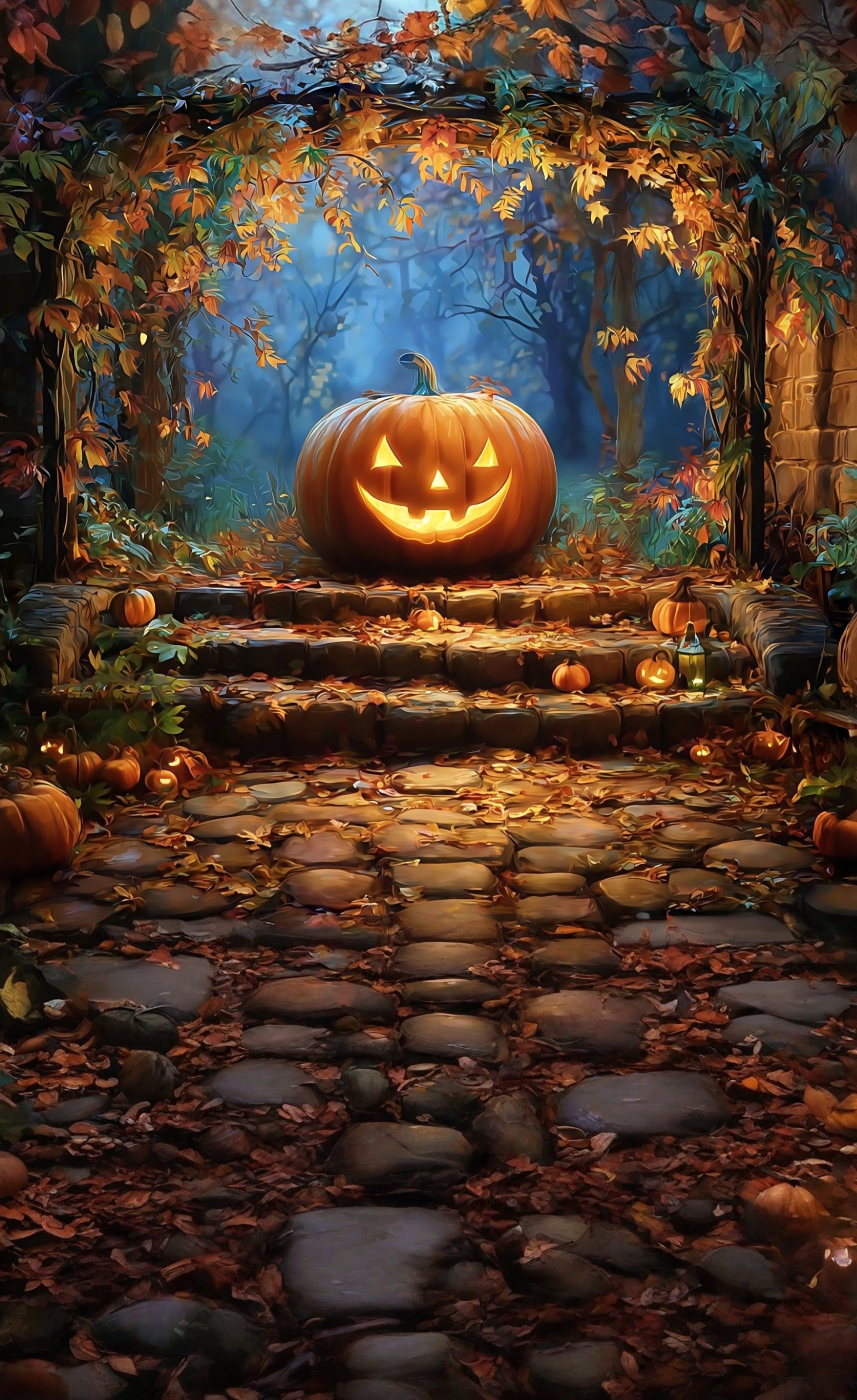 Halloween Wall Backdrop Wicked Smiley Pumpkin Lights Under Fall Leaves Sweep Backdrop MRR8-68
