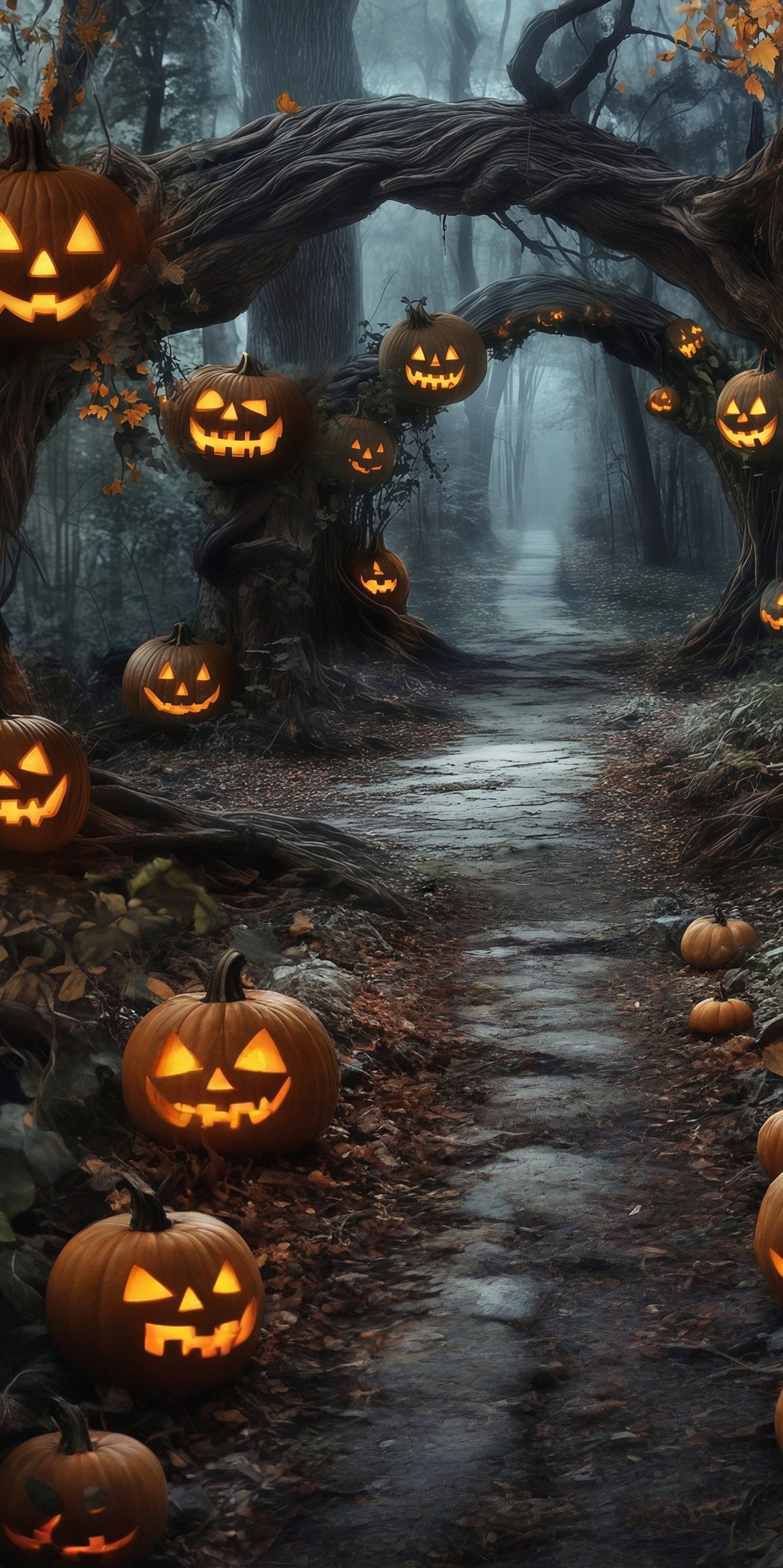 Halloween Photo Backdrops Pumpkin Lights Vines Arches Forest Trail Sweep Backdrop MRR8-69