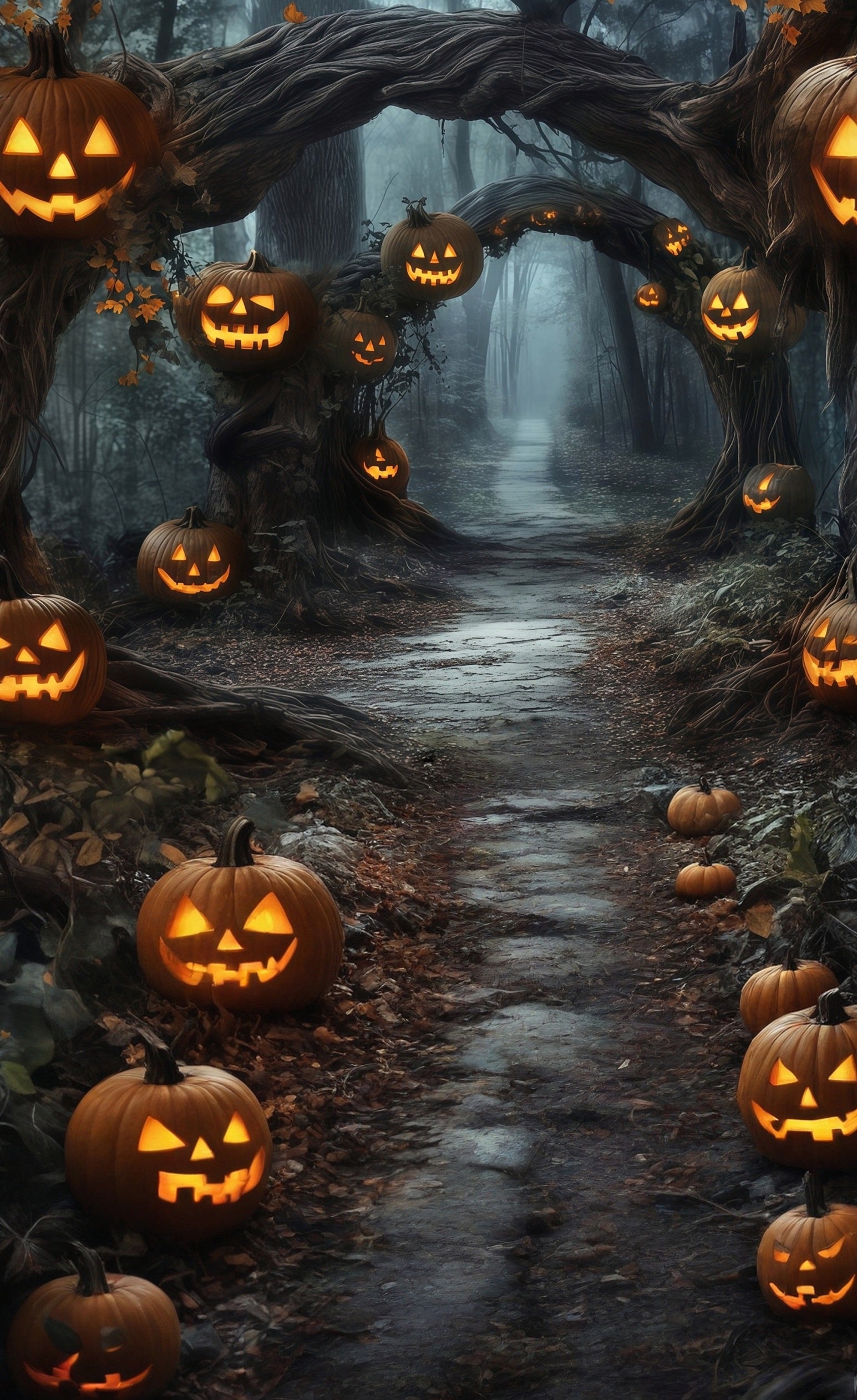 Halloween Photo Backdrops Pumpkin Lights Vines Arches Forest Trail Sweep Backdrop MRR8-69